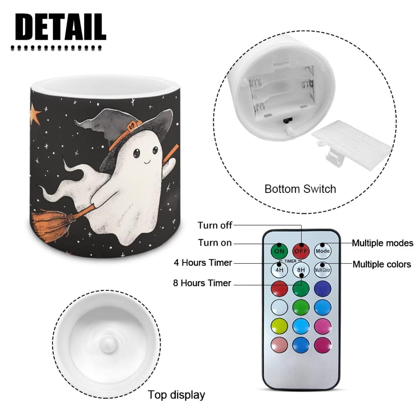 Merkmak Halloween Flameless Candles with 18-Key Remote Battery Operated Candles with Timer, Cute Ghost Print 4 Pack Flameless Pillar Tea Lights for Party Banquet Home Decorations