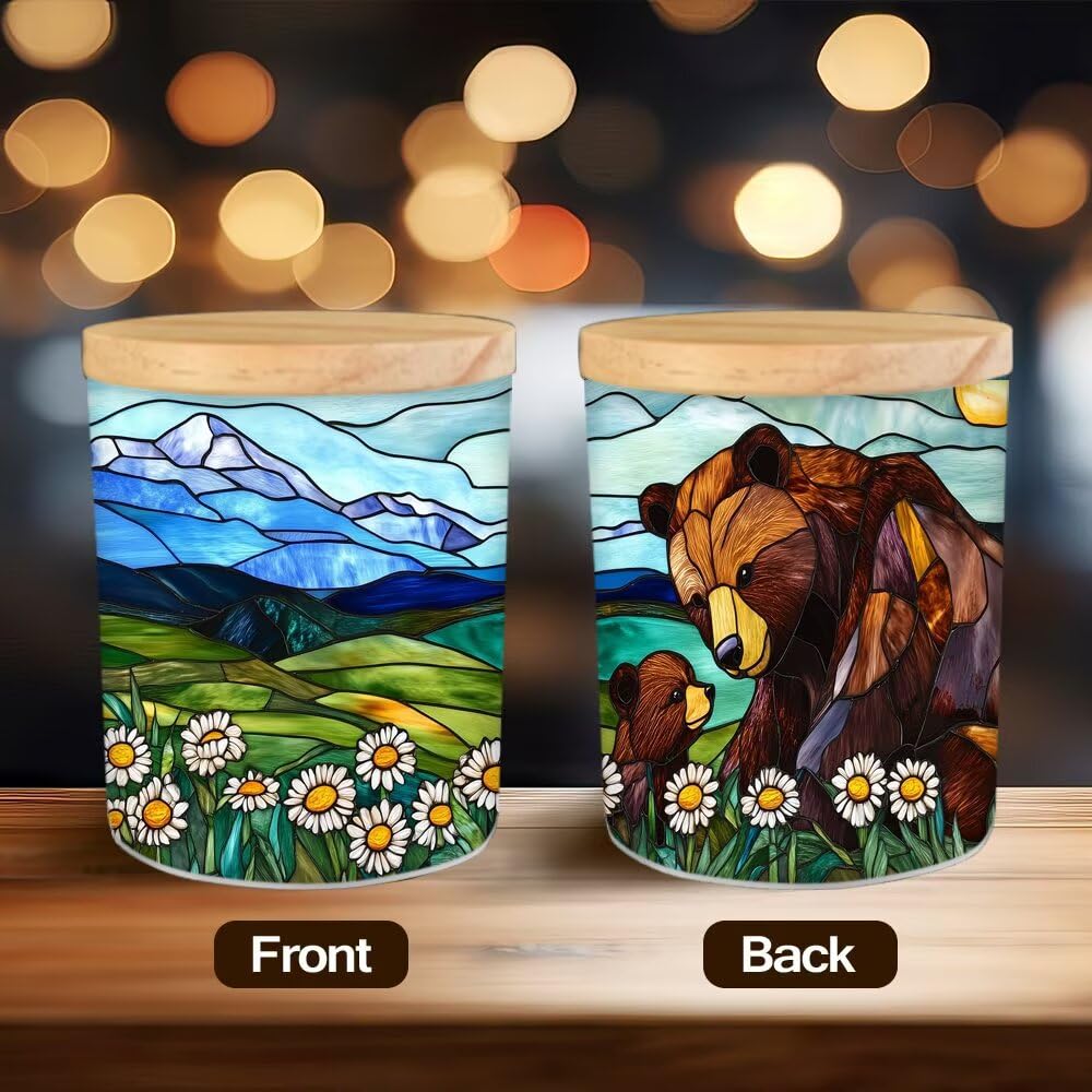 Stained Glass Bears Tea Light Candle Holders, Floral Tealight Candle Holder Jar with Wooden Lid, Farm Daisy Votive Candlesticks for Table Centerpieces, Christmas,Birthday Party,Home Decor