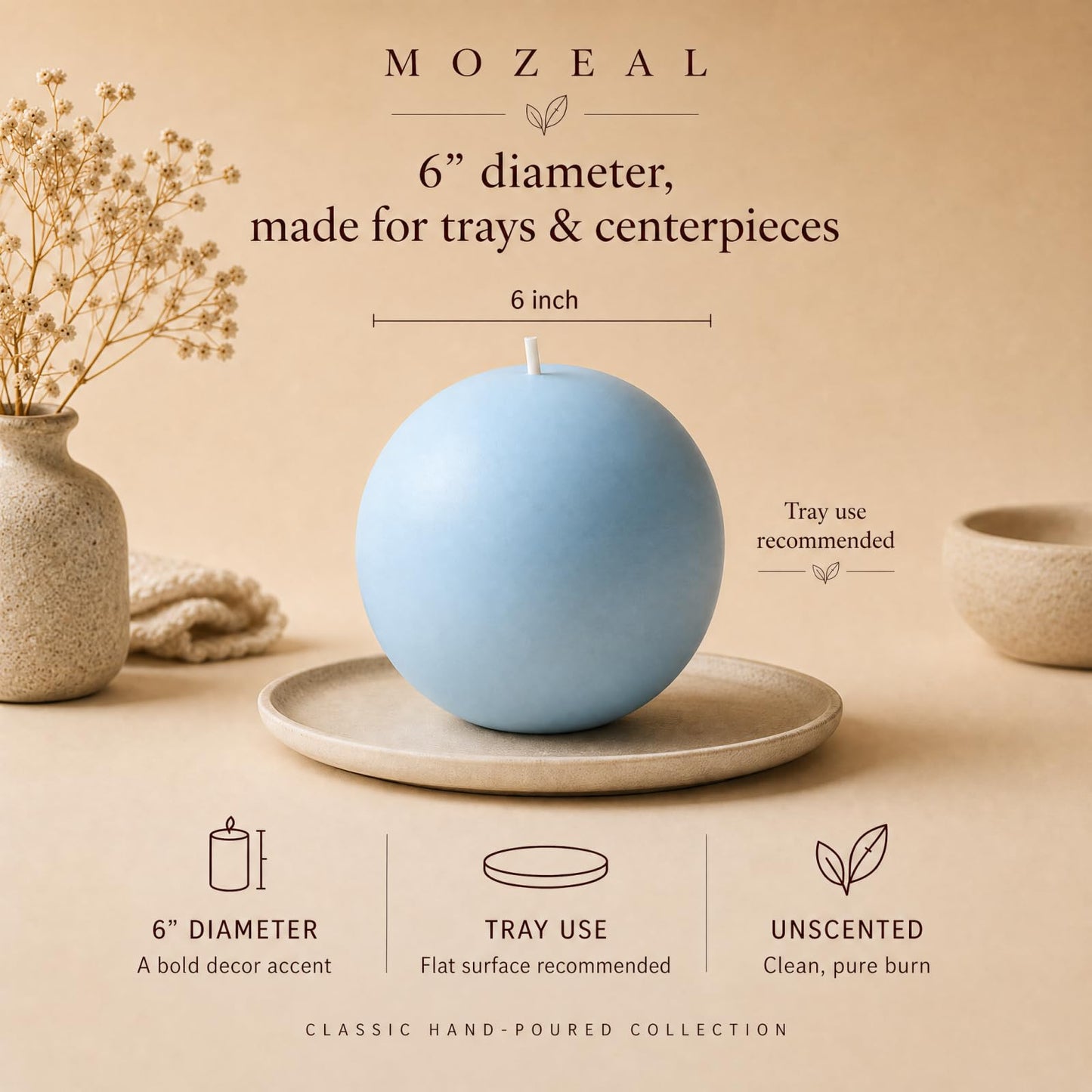 MOZEAL Hand-Poured, 6 Inch Baby Blue Large Round Ball Candles - Elegant Baby Blue Round Pillar Candles, Dripless, Unscented, Smokeless, Ideal for Baby Showers.