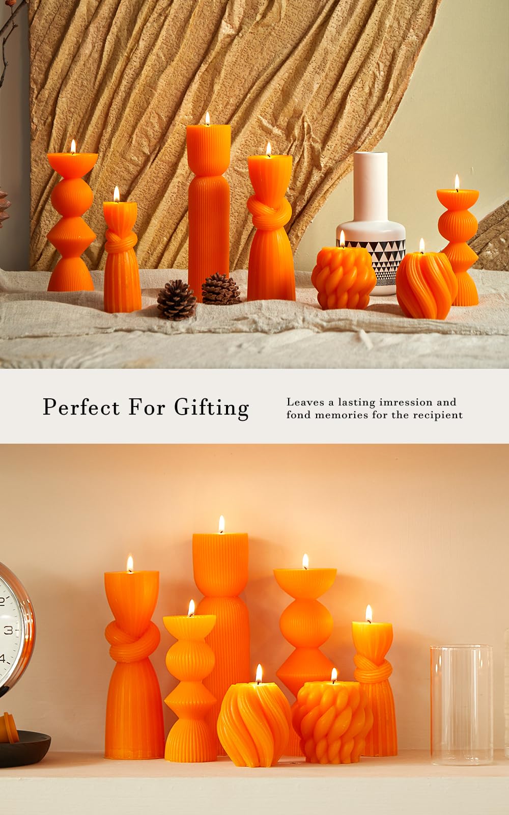 7 Pcs Large Ribbed Pillar Candles - Handmade Soy Wax Candles for Home Decor, Modern Shelf Decor, Housewarming Gift, Aesthetic Room Decor (Orange)