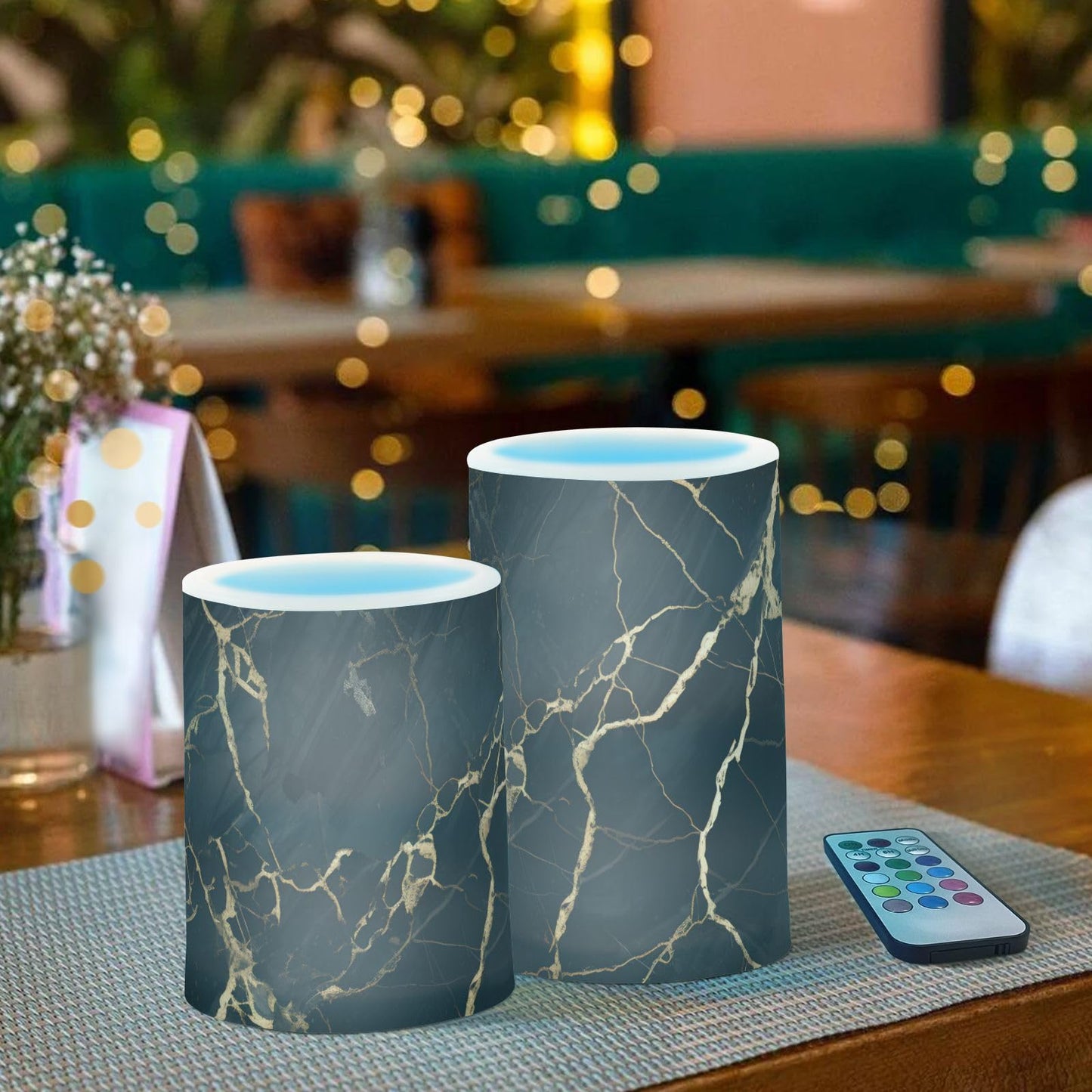 ALAZA Black Marble Gold Fluid Marble Flameless Candles Flickering LED Candles with Remote Timer Battery Operated Pillar Candles Set of 2 for Dinner Holiday Decor