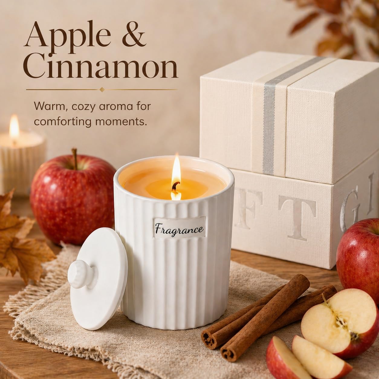 Viyffo Apple Cinnamon Holiday Scented Candle for Women & Men, Non Toxic Soy Candle in Matte White Ceramic Jar with Gift Box Perfect for Winter Gift & Home Decor