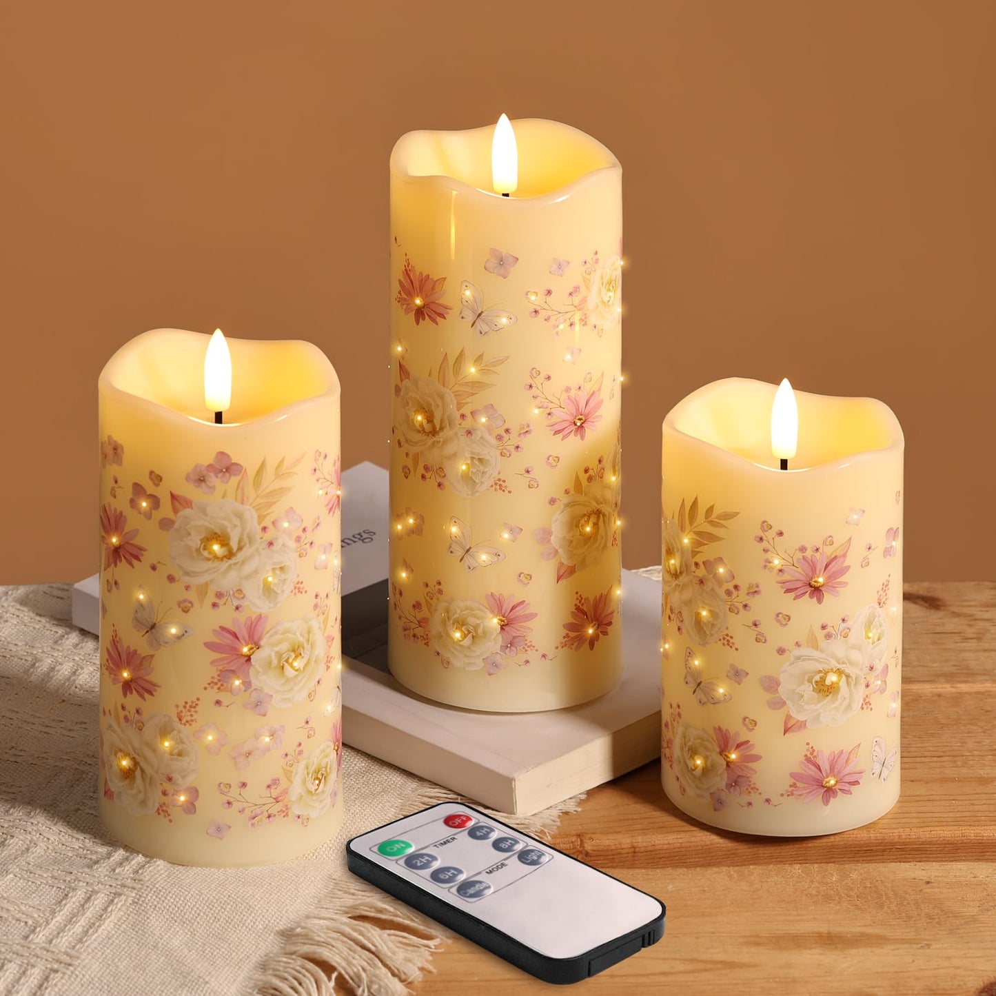 Eywamage Fiber Optic Flameless Pillar Candles with Remote, Floral Butterfly Spring LED Candles Flickering Home Decor Gift Set of 3
