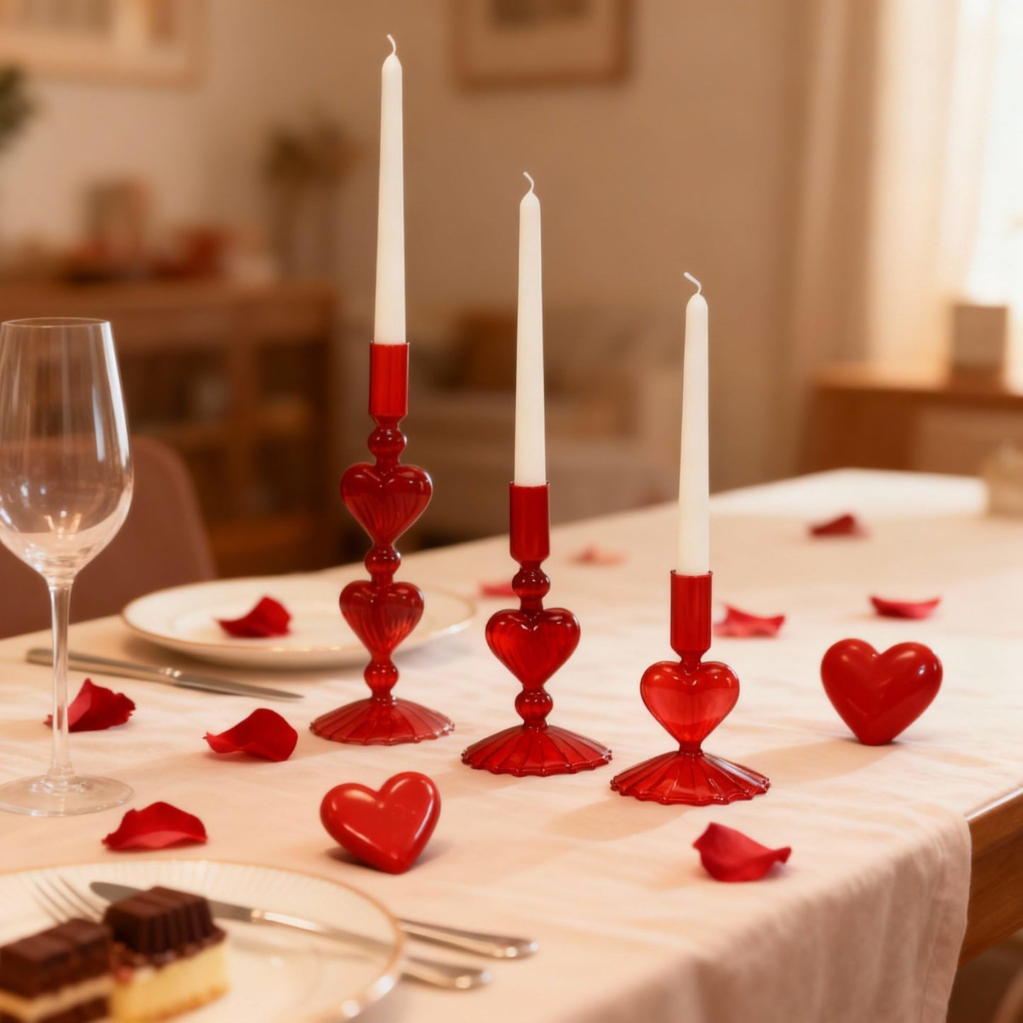 Mumufy 3 Pcs Valentine's Day Glass Candlestick Holders Heart Glass Taper Candle Holder Valentines Heart Candle Stick Vase Decor for Galentine's Day Wedding Festival Party Table Centerpiece(Red)
