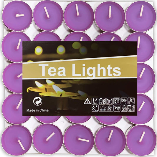 OUO Tea Lights - 50 Pack Smokeless, Dripless & Long Lasting Mini Tealight Candles for Mood, Dinners, Parties, Home Decoration, Wedding, Crafts (Purple)