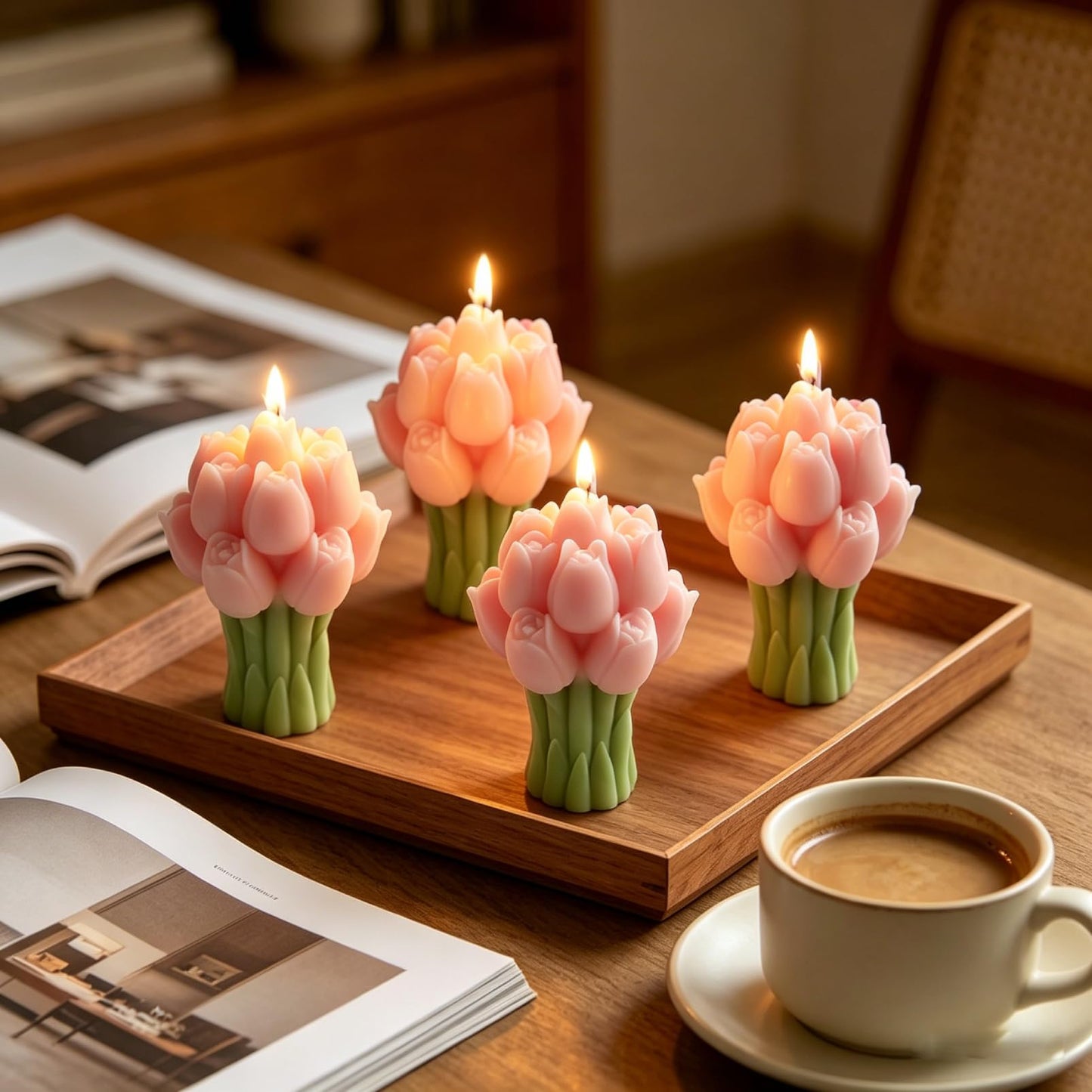 Scented Candles Set for Women Mom,4 Pack Aromatic Tulip Bouquet-Shaped Candle Ornament for Home, Pink Soy Candles for Living Room and Bedroom, Birthday Bridesmaid Gift Valentines Day Candle