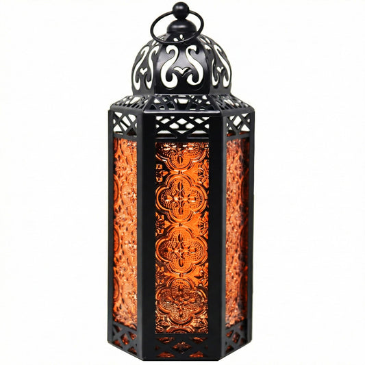 Vela Lanterns Decorative Indoor Candle Holder Table Centerpieces - Moroccan Hanging Outdoor Patio & Porch Home Decor, Turkish Lamp for Wedding, Ramadan, Halloween (Medium 10.5", Amber Glass)