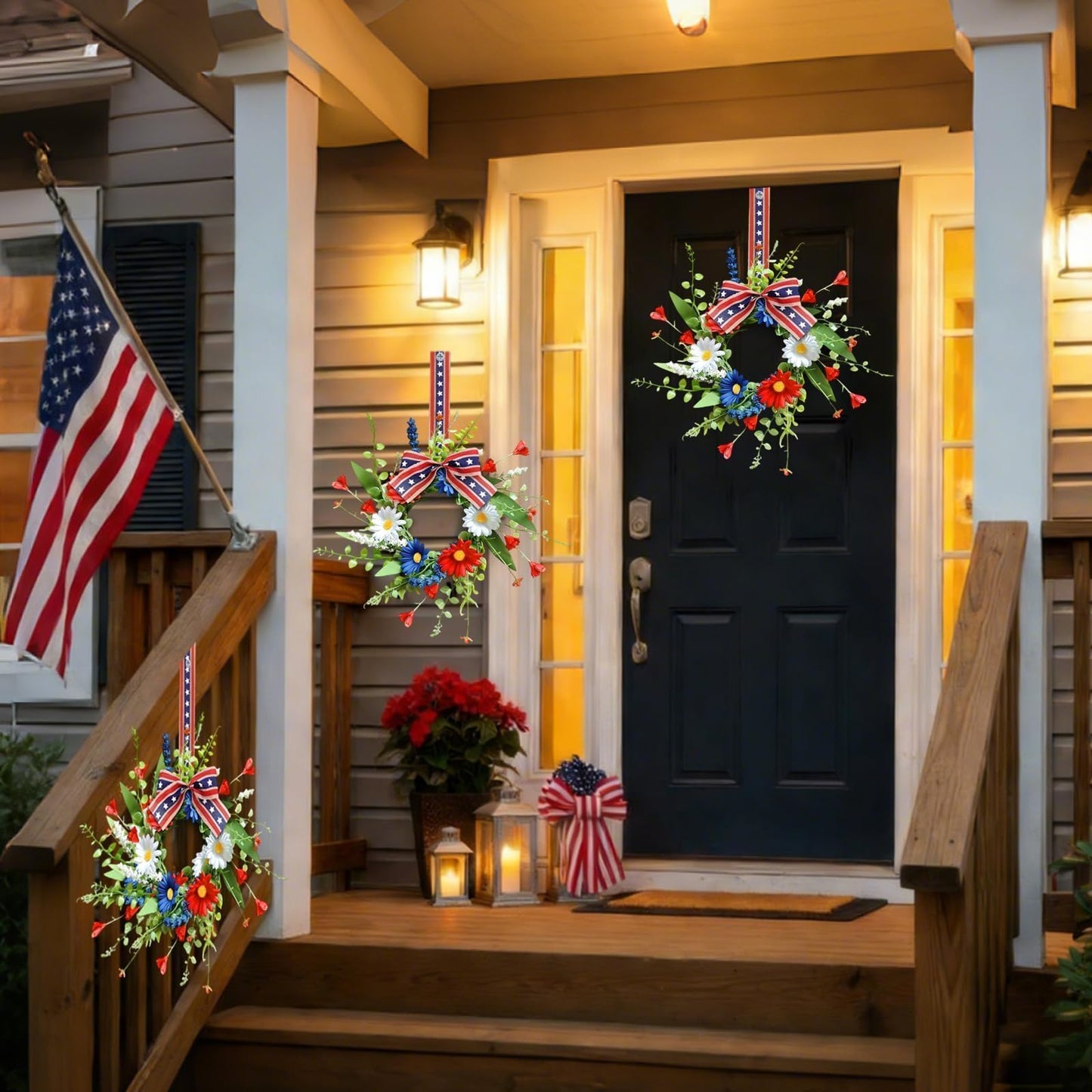 4 Pcs Mini Patriotic American Kitchen Cabinet Wreaths Small 4th of July Floral Swag Wreath for Front Door with Ribbon Daisy July Independence Day Hanging Wreath for Porch Wall Farmhouse Decor