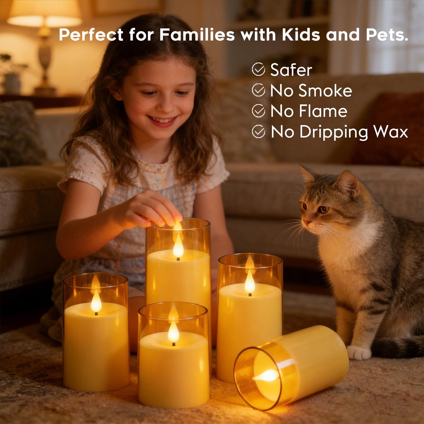 Fo32won Amber LED Flameless Pillar Candles Battery Operated with Remote Timer, 5 Pack 3D Flickering Acrylic Candles for Home Living Room Bedroom Fireplace Wedding Party Holiday Decor & Gift