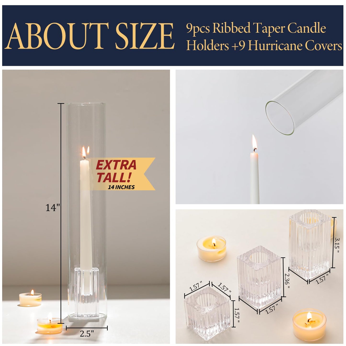 LETINE Hurricane Candle Holders with Ribbed Taper Candle Holders Set of 9(14") - Clear, Windproof & Elegant Candle Holder with Glass Cover for Wedding Centerpieces, Events & Home Decor