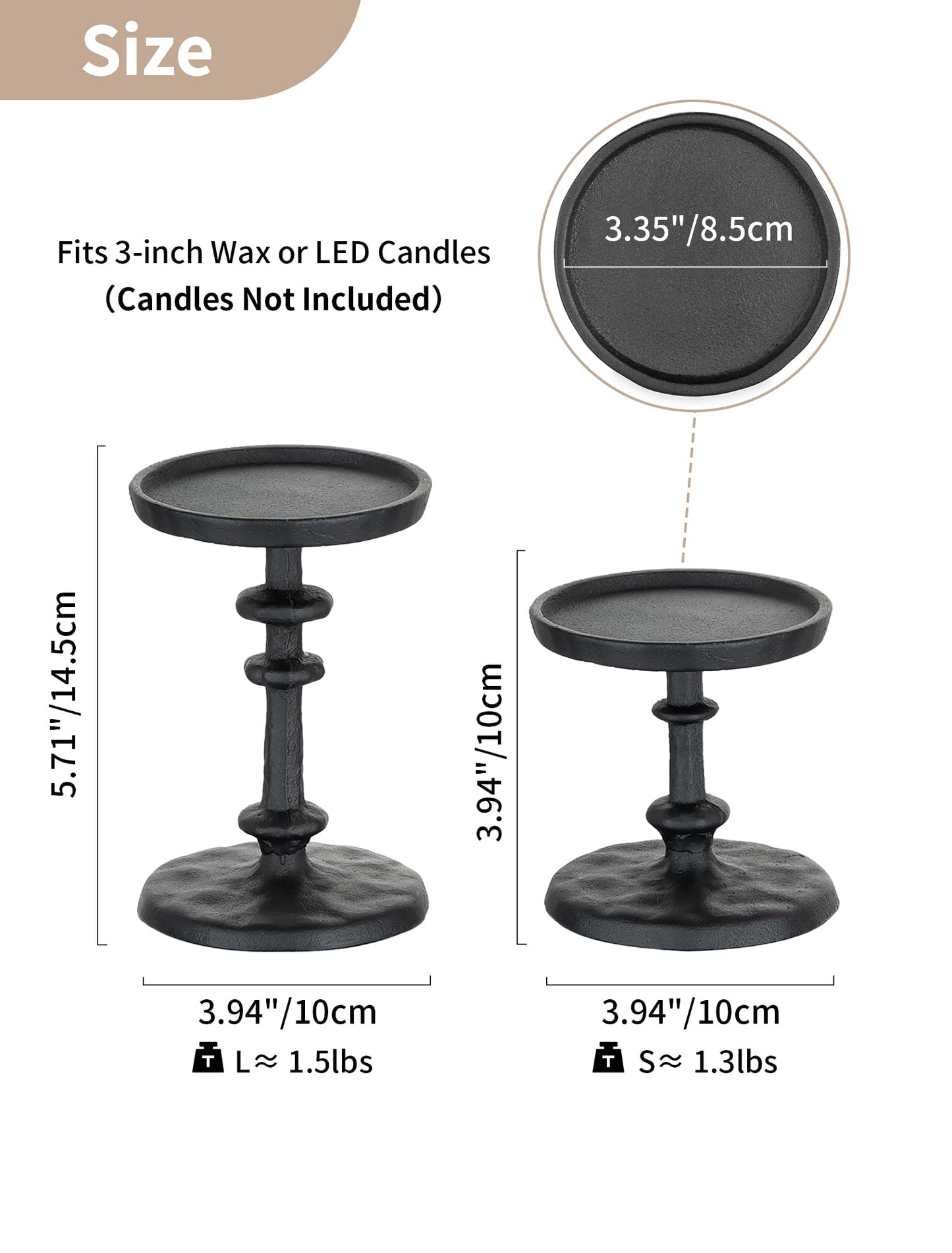 NUPTIO Pillar Candle Holder Black: Solid Cast Iron Candle Stand for 3 Inch Pillars - Handcrafted Hammered Candleholder for Thanksgiving Christmas Fireplace Mantle Decor