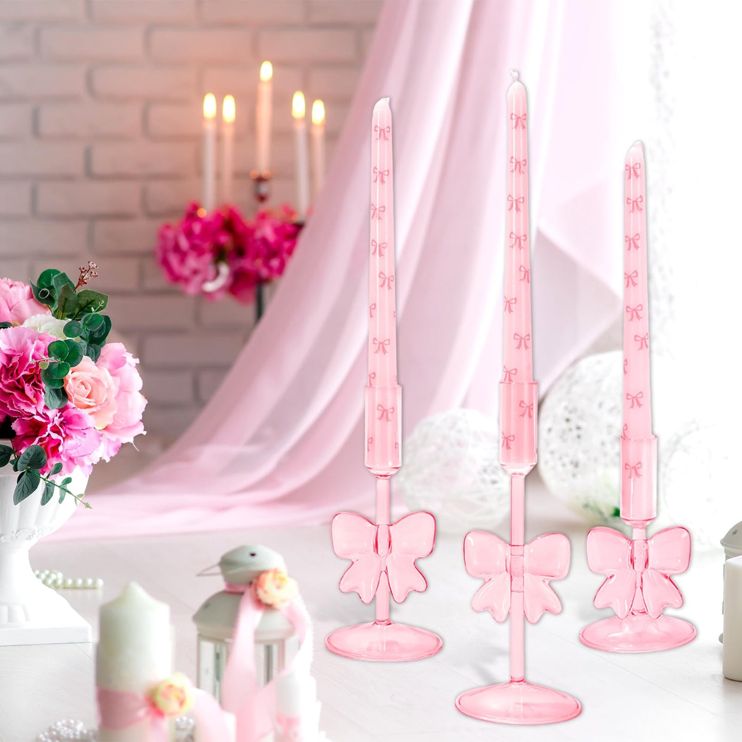 JarThenaAMCS 3Pcs Valentine's Day Glass Pink Bow Candle Holder Coquette Candle Stick Holder Stand for Home Room Party Dining Table Centerpiece Baby Shower Girls Birthday Decorations