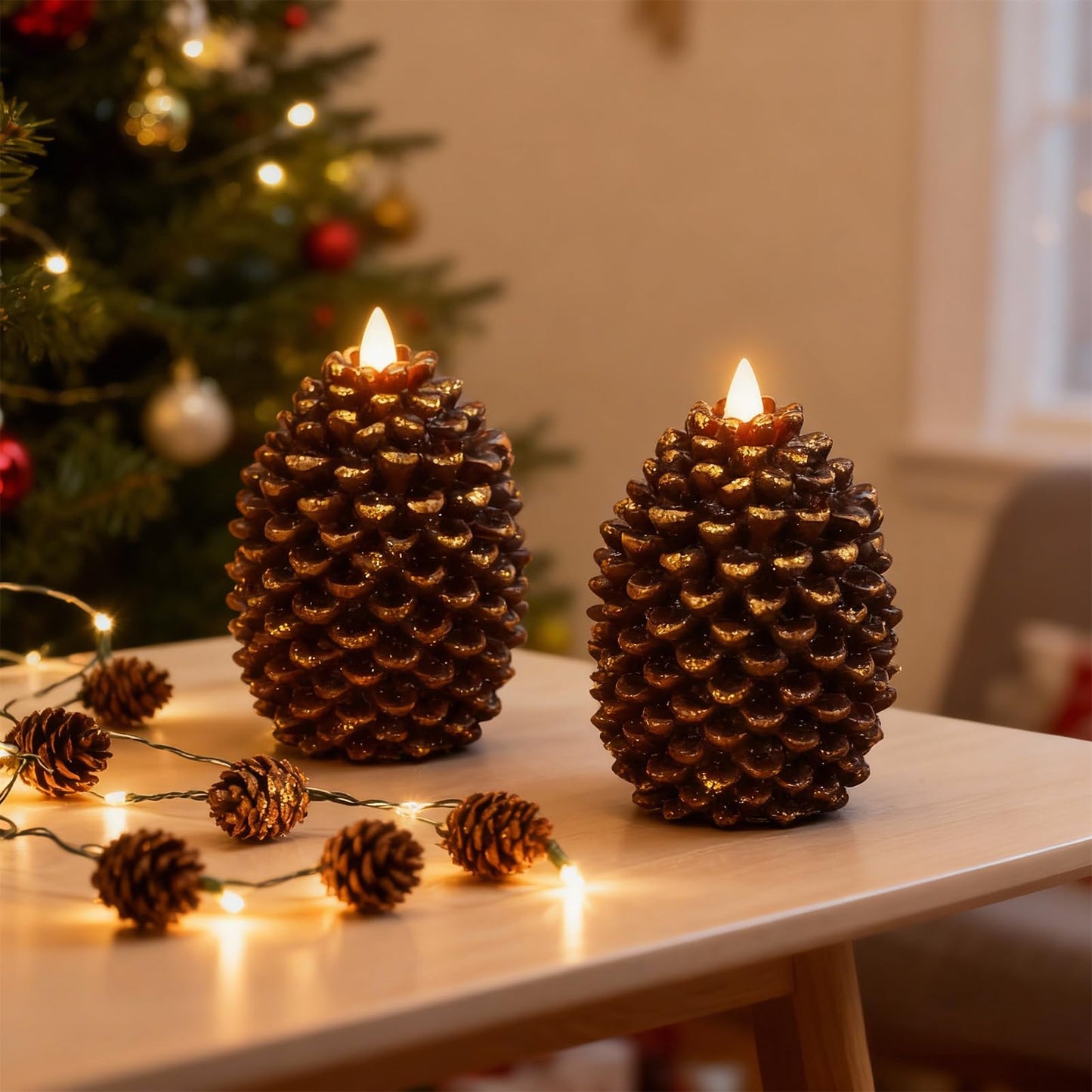 Eldnacele Christmas Flameless Candles with 6 Hour Timer, Battery Operated Hand Painted Pine Cone Real Wax 3D Wick Flickering LED Pillar Candles for Dinner Indoor Holiday Xmas Decor(2Pcs, D3×H5.7)