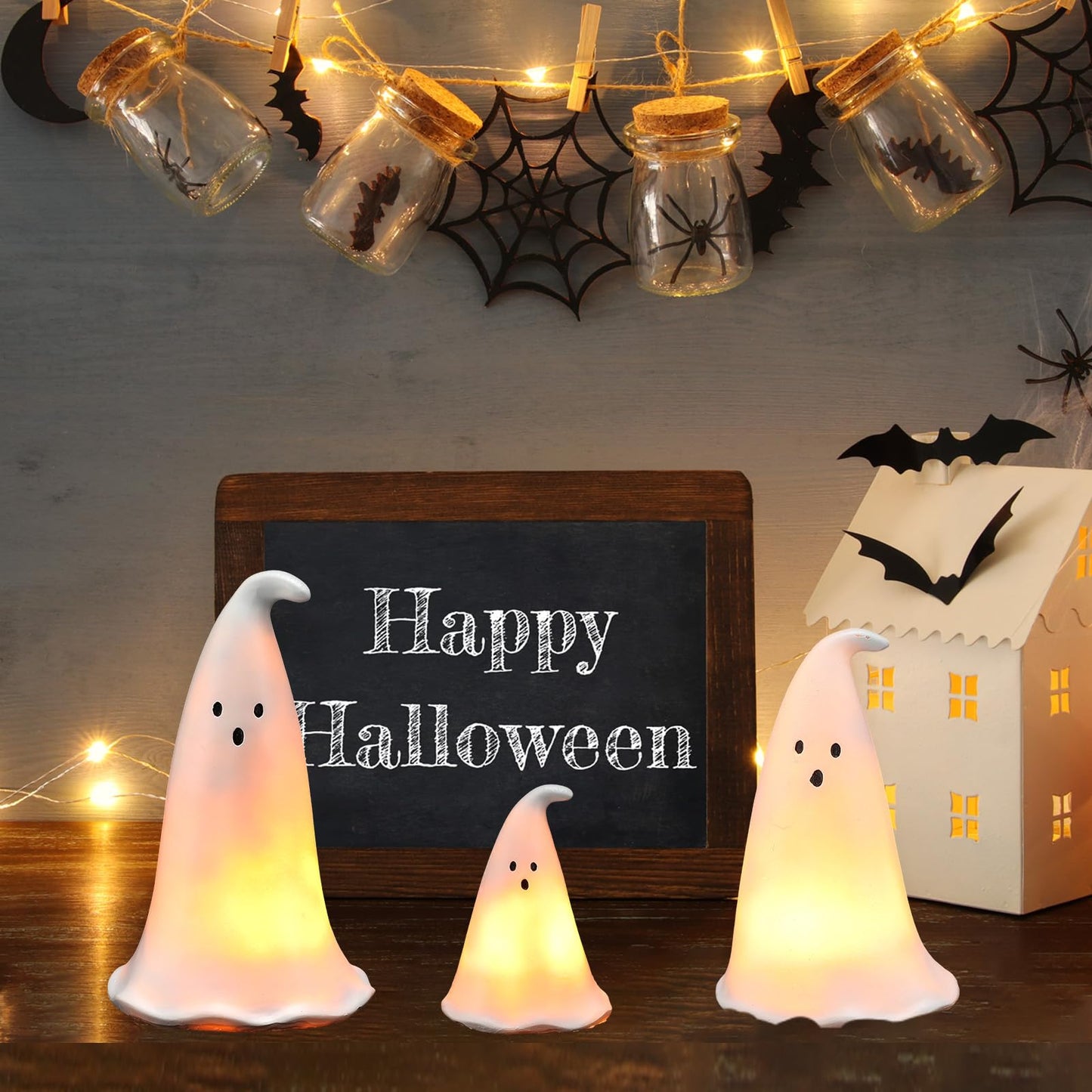 Colingmill Halloween Resin Ghost Figurine with 3 LED Tea Lights, Ghost Candle Holder Set of 3, Spooky Tabletop Indoor Halloween Light up Decor for Holiday Party, White Hollow Spooky Sculptures