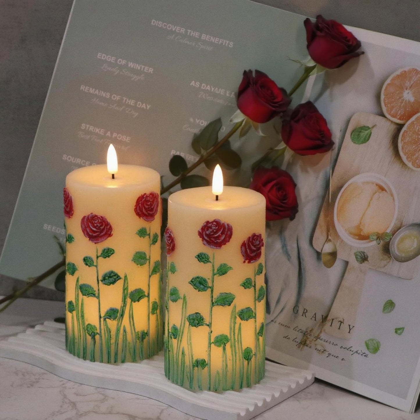 Eldnacele Rose Flameless Candles with 6 Hour Timer, Battery Operated Hand Painted 3D Wick Flickering Real Wax LED Pillar Candles for Spring Dinner Christmas Holiday Decor((2Pcs, D3×H6.5)