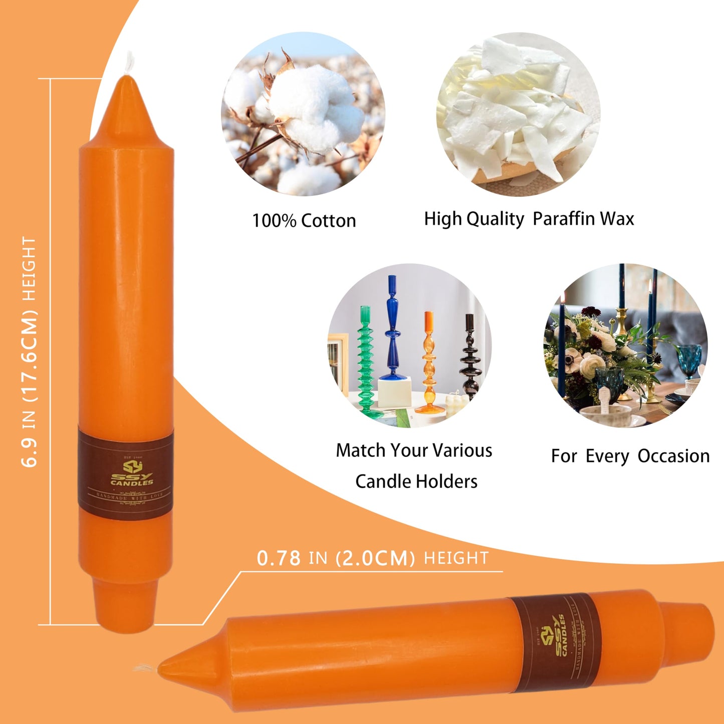 Orange Short Taper Candles Set of 4, 7 Inch Handmade Candle Stick, Unscented Tapered Candles, Taper Candles for Wedding Dinner Table Home Decor Party Gift