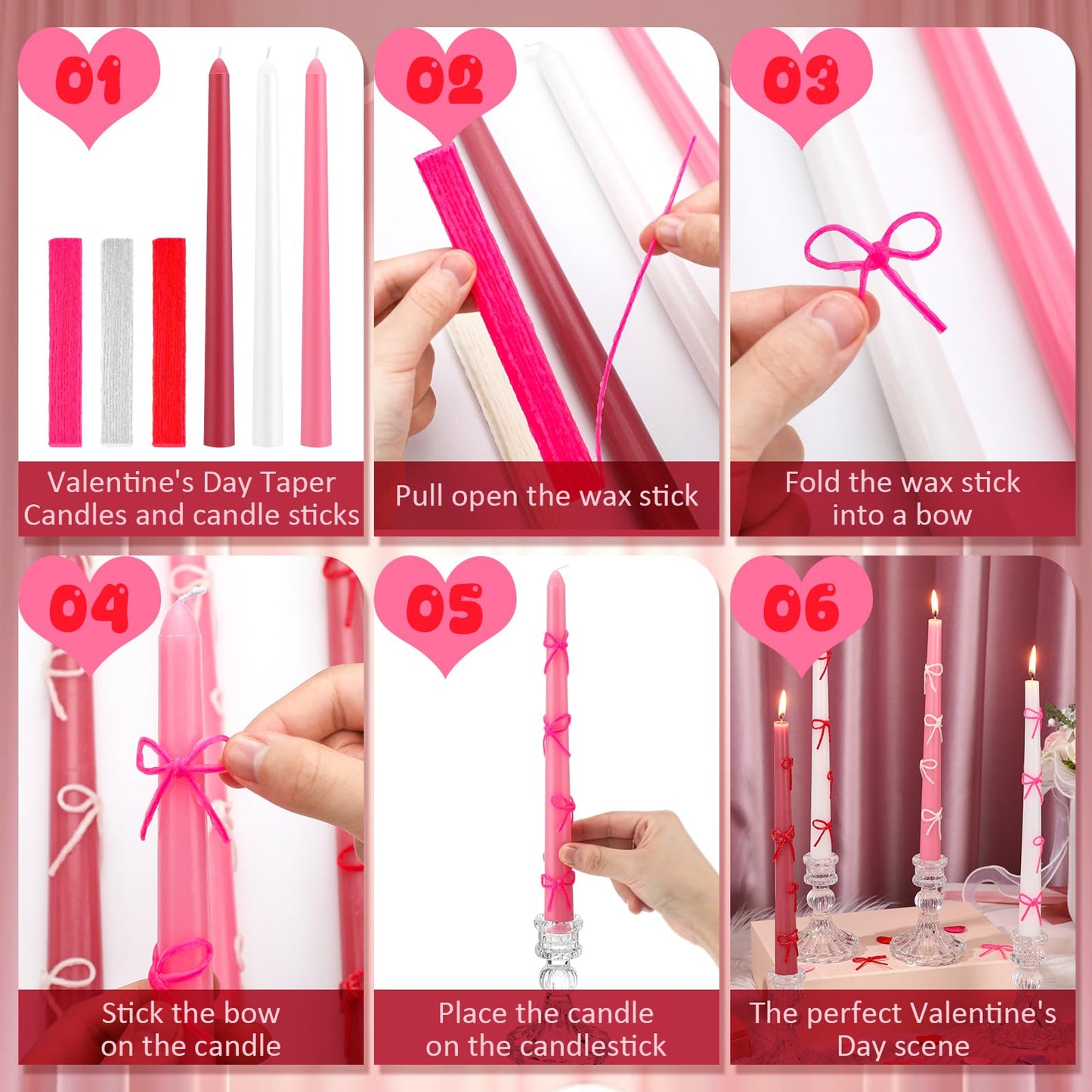 Conelist 12 Set Pink Bow Taper Candles Coquette Birthday Decoration Candles Pink Candlesticks with Wax Stick for Bridal Shower Wedding Dinner Decorations for Birthday Anniversary Party