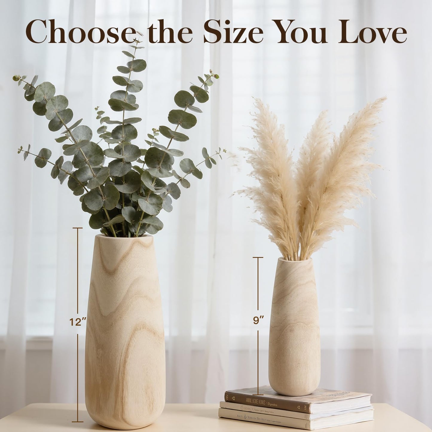 Natural Wood Vase for Dried Flowers - 12 Inch Decorative Wooden Vase, Warm Neutral Farmhouse Boho Decor for Living Room Bedroom Table Shelf