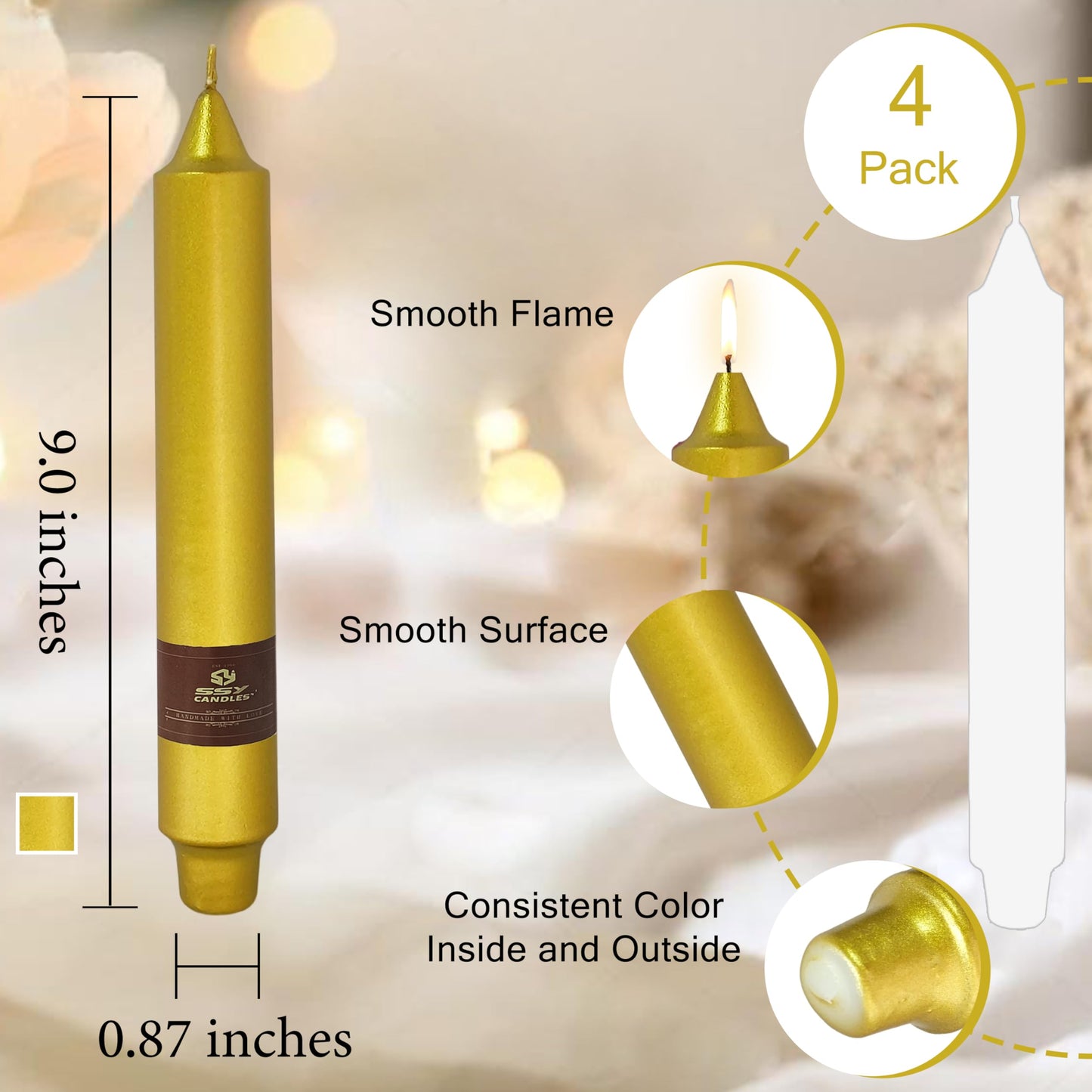 Christmas Metallic Gold Candle 9 Inch Tall Smokeless Taper Candles 4 Pack Unscented Dinner Candle for Christmas Dinner