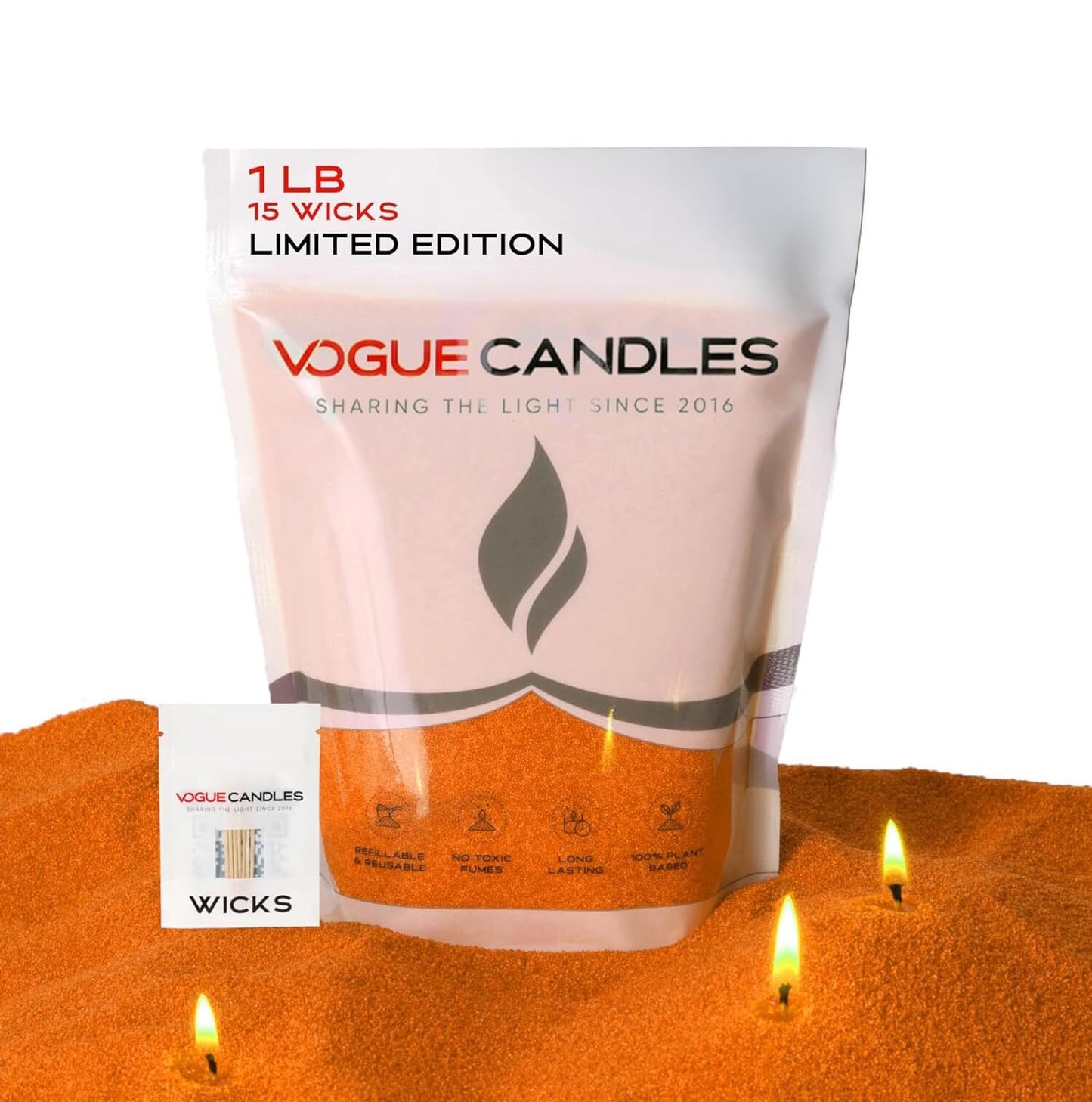 Vogue Candles Orange Pearled Candle Sand Wax (1 LB) – Sand Candle Kit w/15 Cotton Wicks for DIY Lighting – Plant-Based & Reusable Wax Granules Refill for Custom Vessels, Décor & Father’s Day Gifts