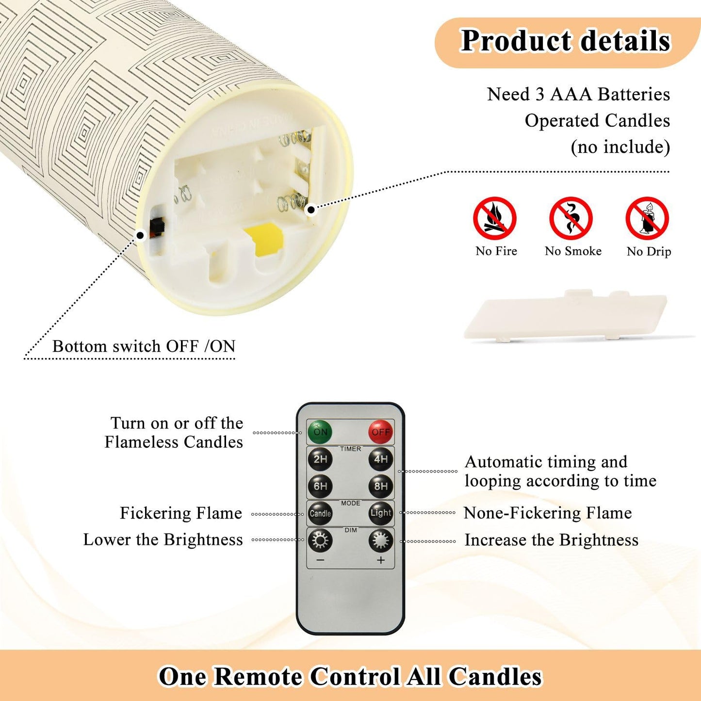 Gravopti Square Lines 2 Pack Flameless LED Pillar Candles with Remote & Timer, Battery Operated, Flickering Wax Candle for Wedding, Romantic Home & Party Decor