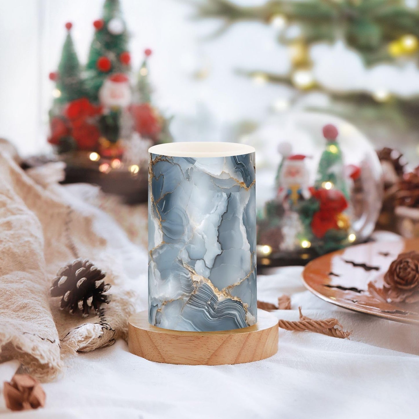 zyrtty 2 Pack Plastic Flameless Candles Dark Blue White Gold Marble Battery Operated with Remote and Timer Real Wax LED Flickering Pillar Candles Set Window Christmas Holiday Decor