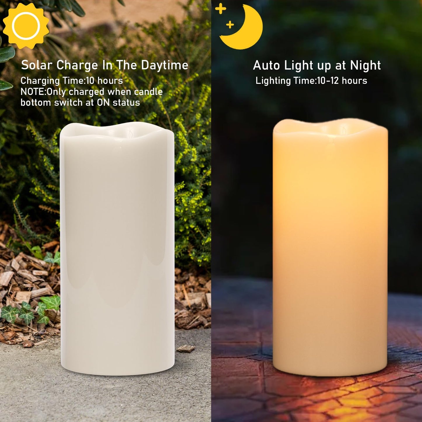 Wondise Solar Powered Flameless Candles IP65 Outdoor Waterproof Rechargeable LED Candles Battery Operated Dusk to Dawn Plastic for Camping Patio Porch Lanterns(2 Pack, 4" D x 8" H x 10" H)