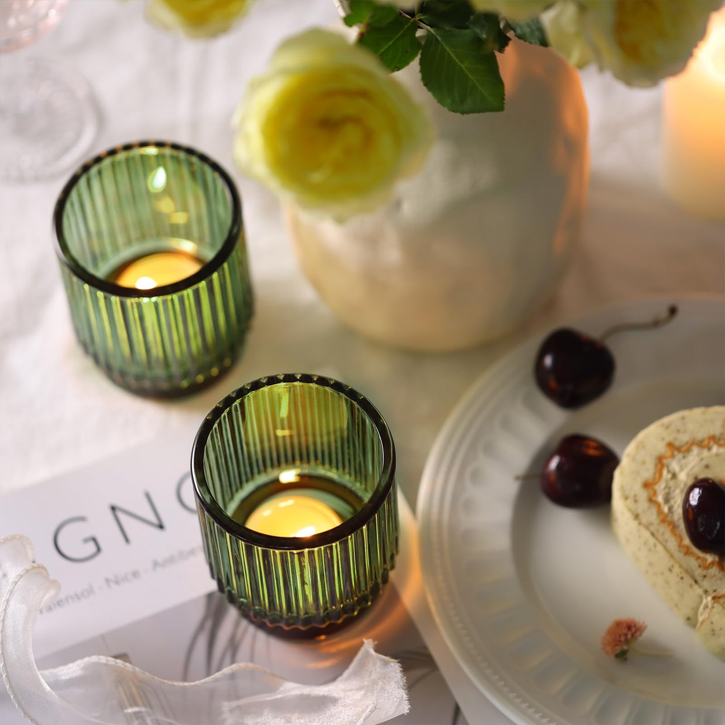DEVI 7oz Empty Green Ribbed Glass Candle Jars - Set of 8, Glass Candle Containers with Bamboo Lids, Bulk Supplies for Gifts & Wedding Decorations