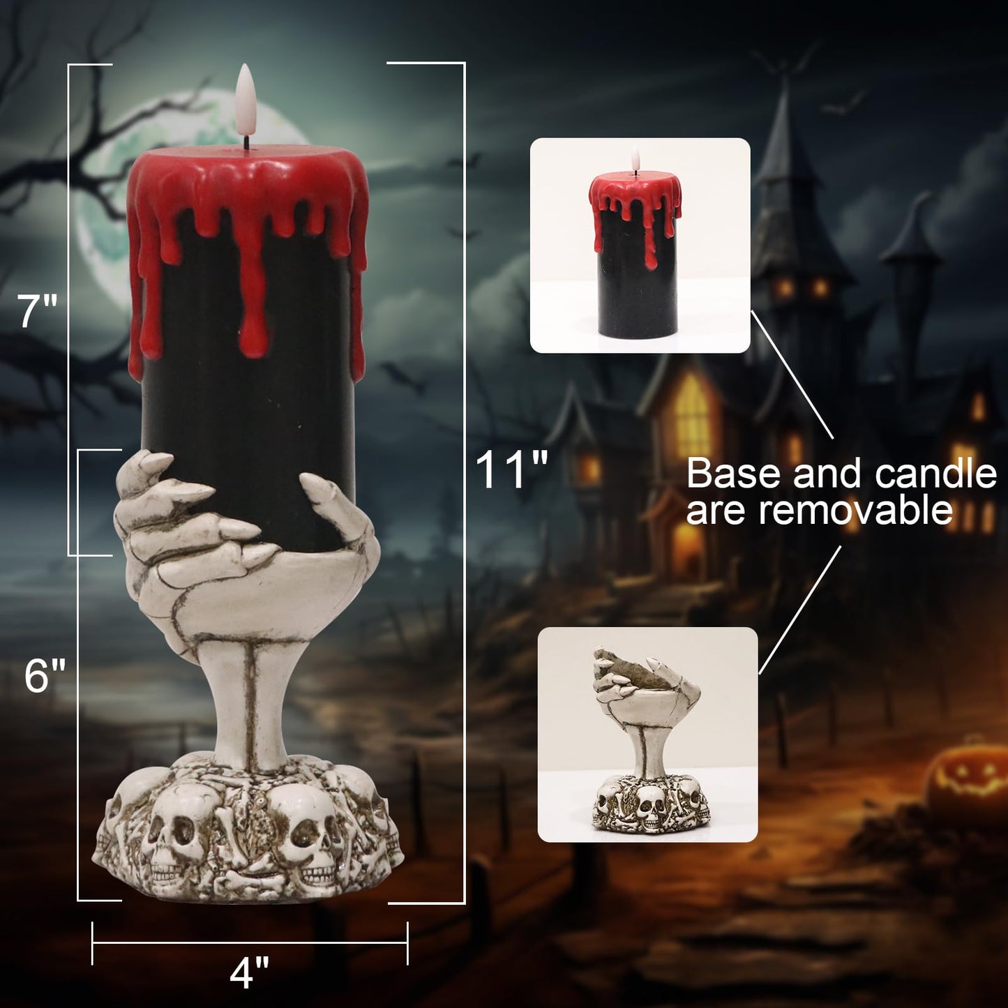 Eldnacele Halloween Flickering Flameless Candles Ghost Hand Candlesticks with Timer,Battery Operated with Red Blood Dripping 3D Wick Black Wax LED Pillar Candles Table Centerpiece Decor(4×11 Inches)
