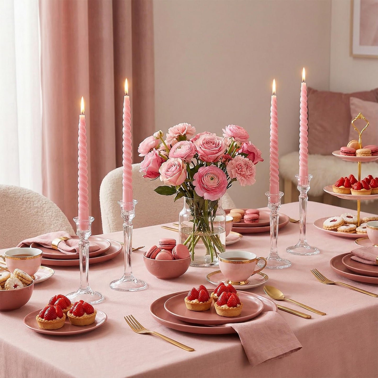 6 Pcs Pink Spiral Taper Candles, 10 Inch Unscented Dripless Twisted Candlesticks, Decoration for Dinner Party Wedding Holiday Celebration Supplies
