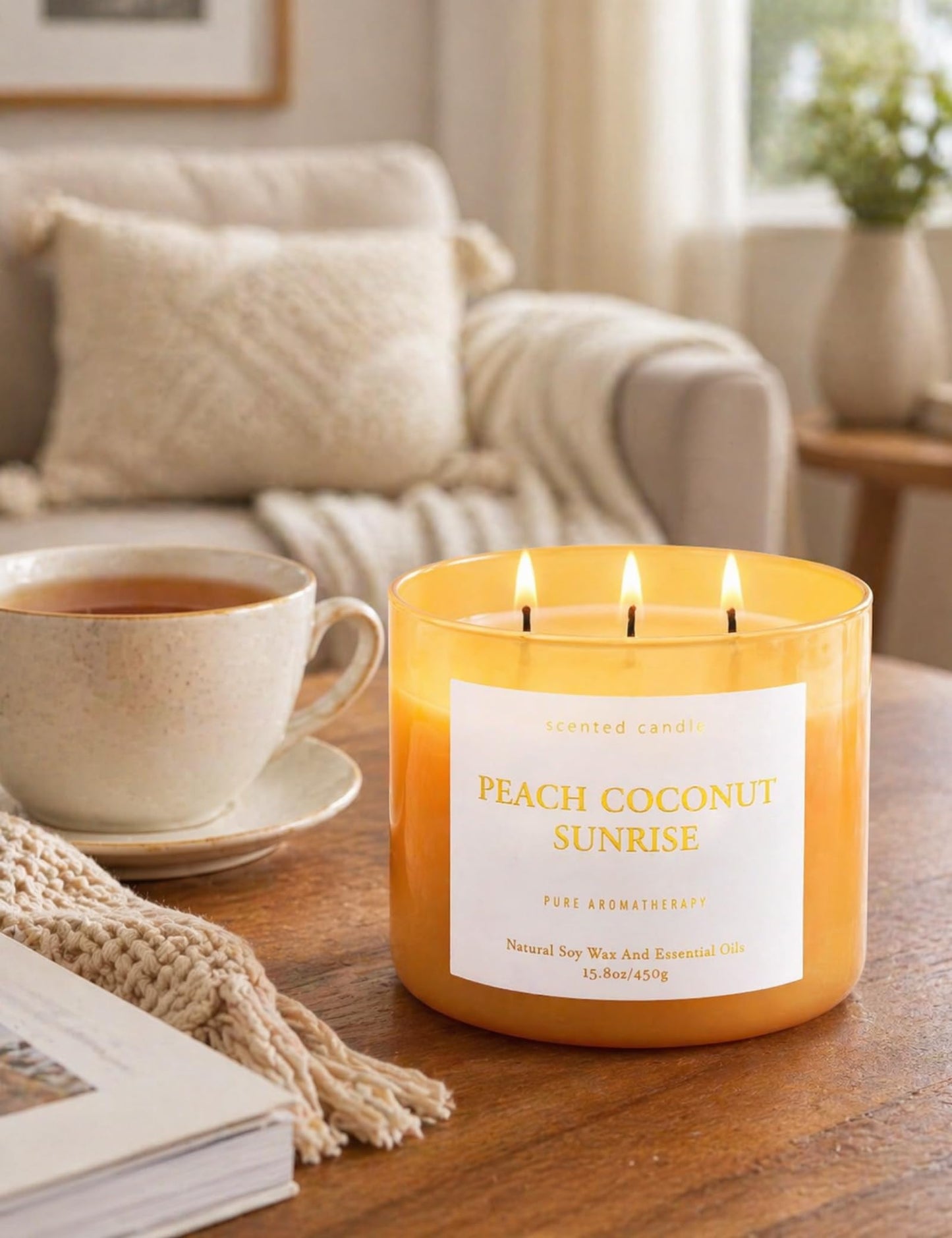 Peach Coconut Sunrise 3-Wick Soy Candle | 15.8 oz Large Aromatherapy Candle for Home | Clean Burn Long Lasting | Tropical Fruit Scent | Gift Ready