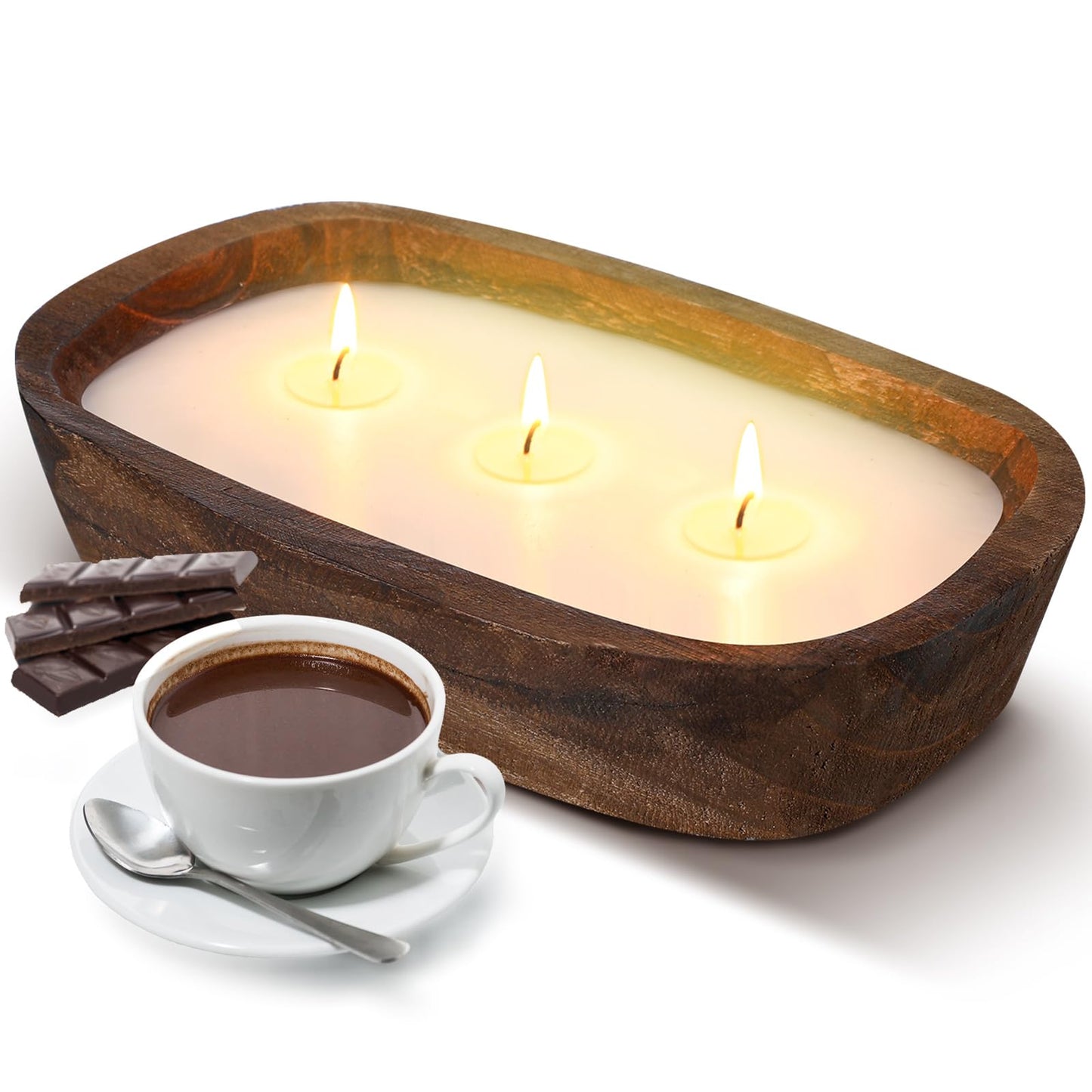 Threlaco 1 Pack 10 Inch Wood Dough Bowl Candles Home Rustic Dough Bowl Soy Candle 3 Wick Scented Candles Gifts for Men Women Farmhouse Table Centerpiece Home Decor for Christmas(Hot Cocoa)