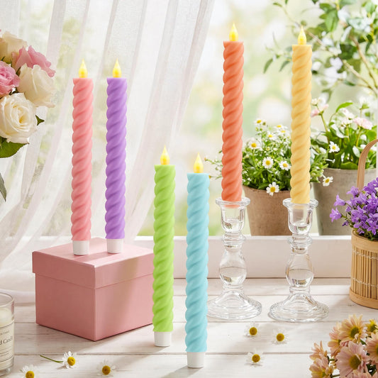 6 Pcs Spring Flameless Taper Candle Pastel Twisted LED Taper Spiral Candlestick 9.65 Inch Colorful Battery Operated Candles Centerpieces for Spring Tea Party Wedding Birthday Easter Home Decor