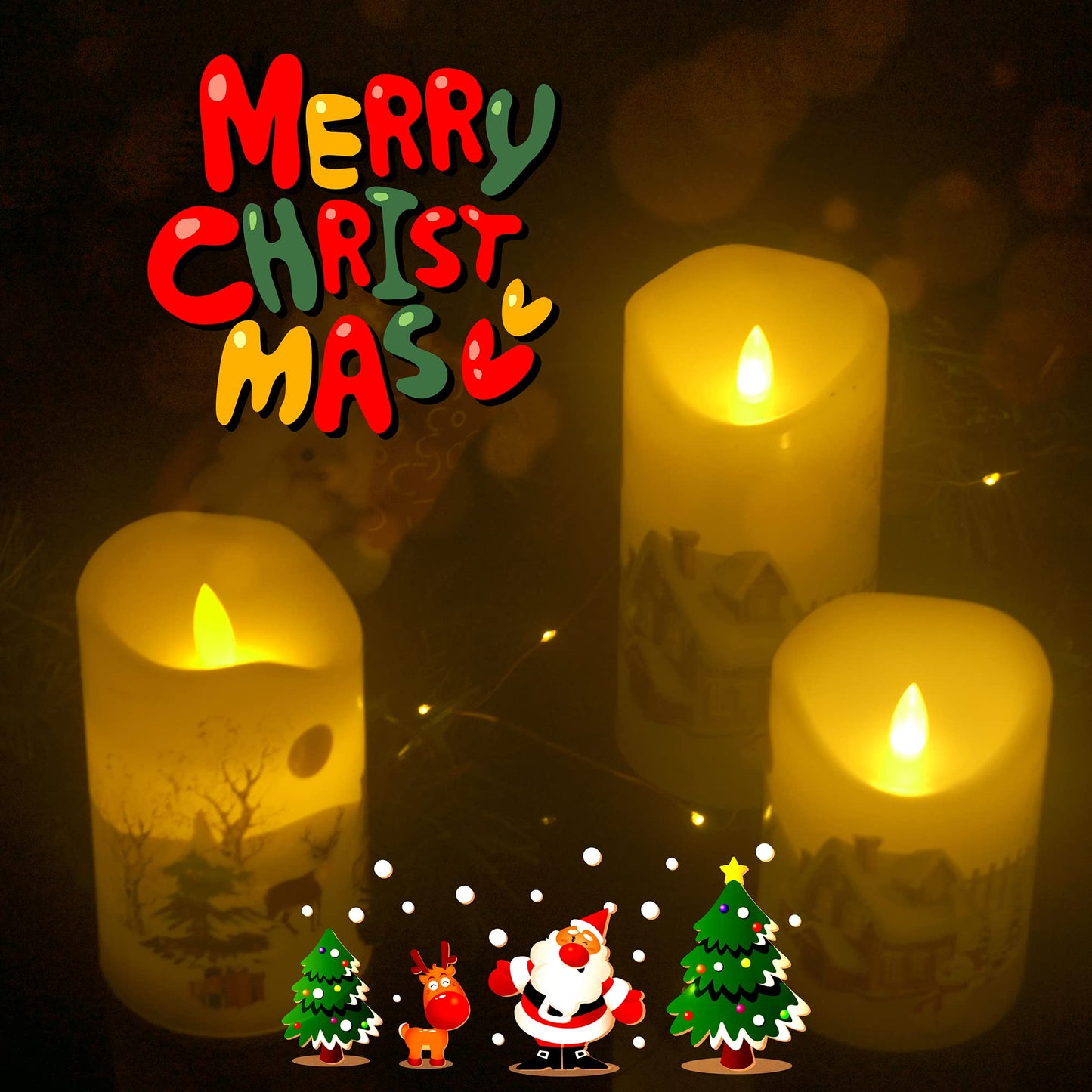 CANDLE CHOICE Christmas Flameless Candles with Remote Timer Real Wax Realistic Flickering Battery Operated Electric LED Pillars with Decals Reindeer Snowman Xmas Tree for Holiday Decorations 3 Pack