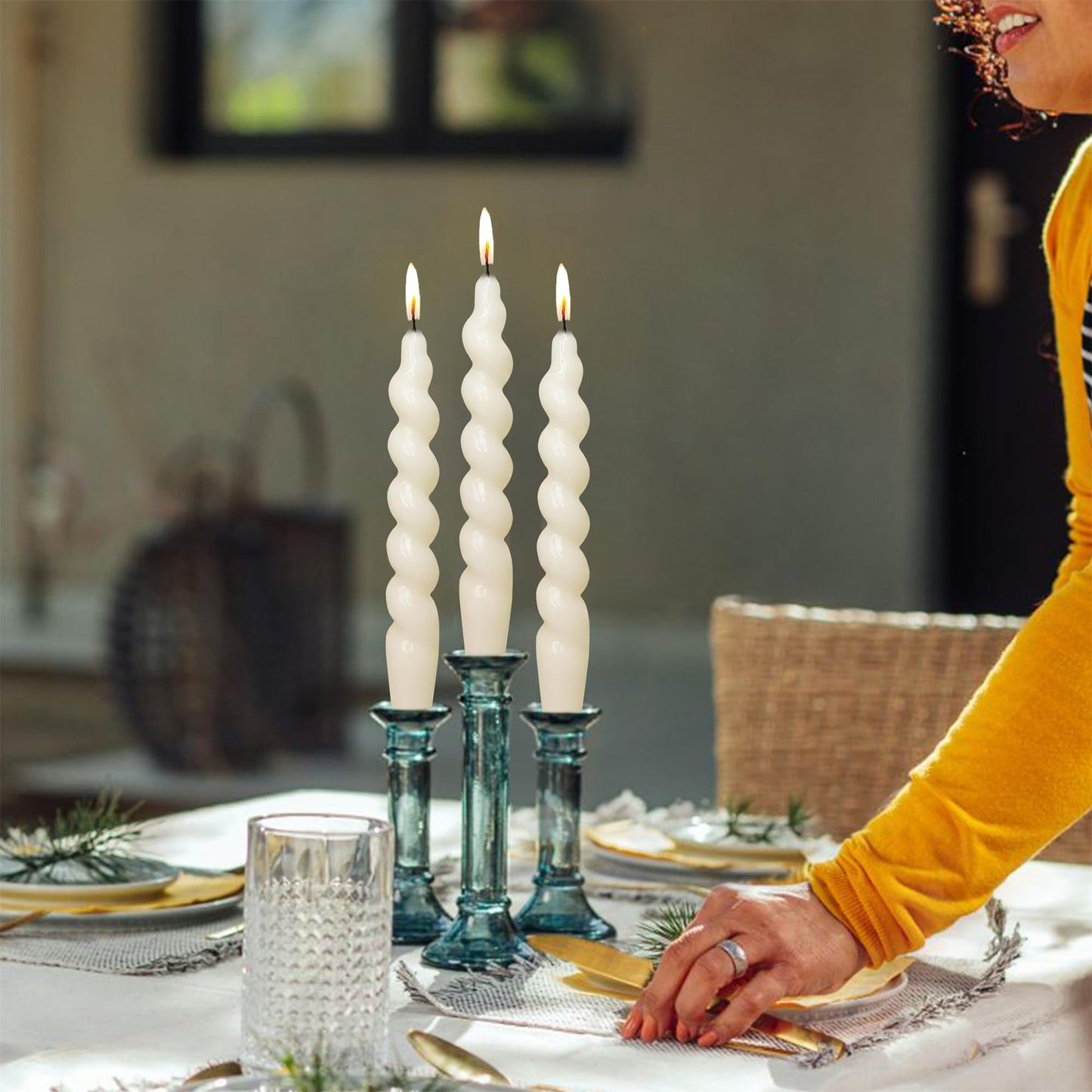 NJAO HOO 7.5 Inch White Spiral Candlesticks, 24 Pack Scented Tealight Candles for Dinner Home Christmas Decor Thanksgiving Party Wedding