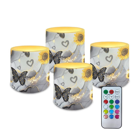 NETILGEN Black Marble Butterfly 4 Pcs Flameless Candles with Remote Timer Color Changing Battery Operated LED Pillar Flickering Candles for Home Decor