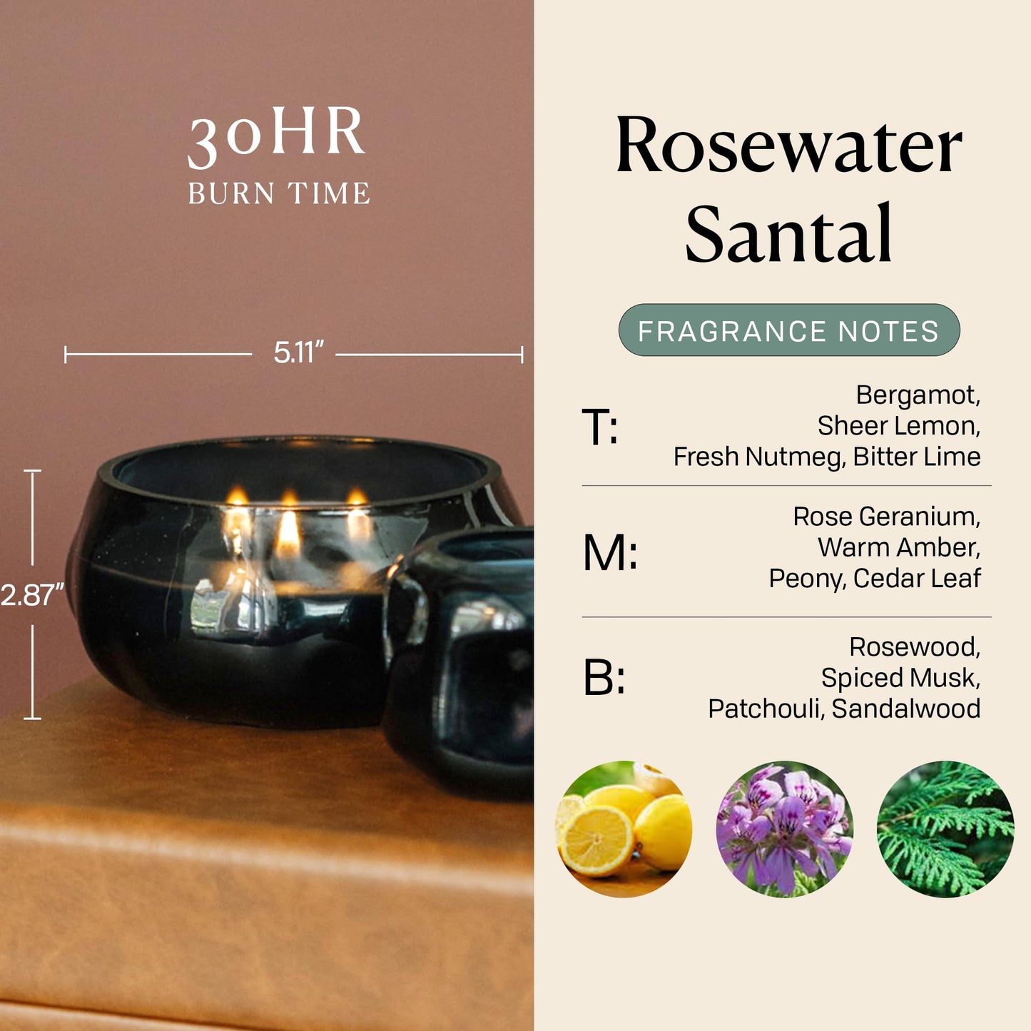 Paddywax Basalt Collection Scented Candle, Soy Wax Blend Glass Jar with Lid, Reusable Home Décor Candle, 10 oz, Navy Vessel, Rosewater Santal