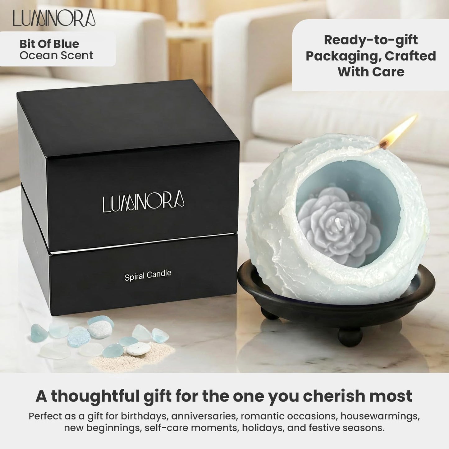 Luminora Spiral Candle with Hollow Round Design, Sculptural Wax Decor Gift, Unique Wick Flame Path, Modern Accent Piece for Shelf, Table, Mantel, and Entryway Display Set (Blue, Ocean Scented)