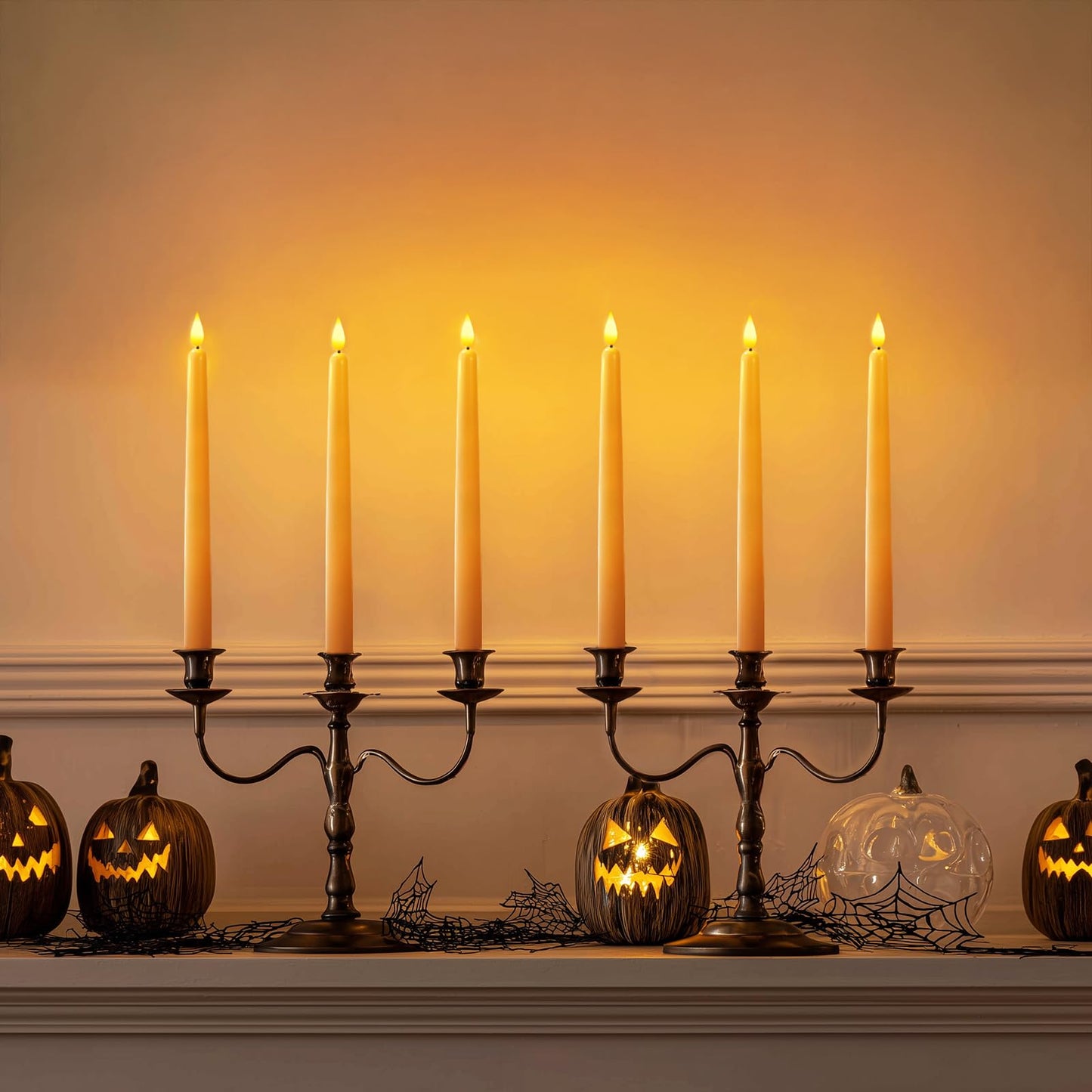 Homemory 12 Pcs Flameless Taper Candles with Remote Timer Dimmer, 11 inches Orange Taper Candles Battery Operated, Plastic LED Candlesticks with Flickering Flame for Halloween Decoration