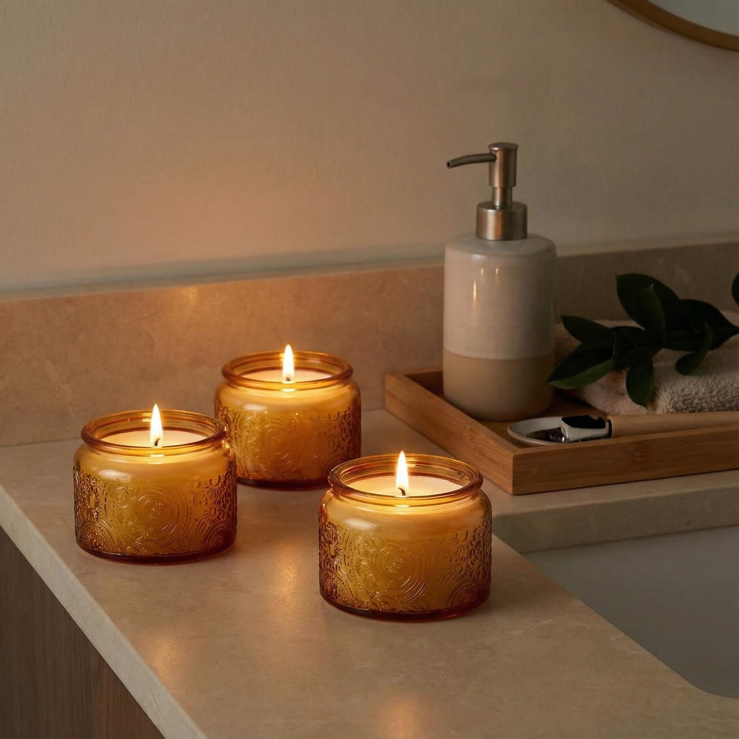 18-Pack 4oz Embossed Glass Candle Container with Bamboo Lids and Labels, Orange Candle Jars for Making Candles, Sun Moon Star Design