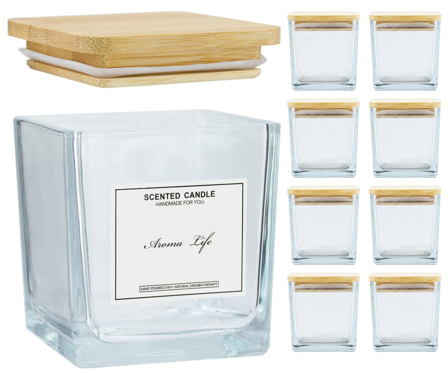 Creahaus 9-Pack Thick Glass Square Candle Jars with Bamboo Lids - 10oz Capacity with Warning Labels - DIY Candle Vessels