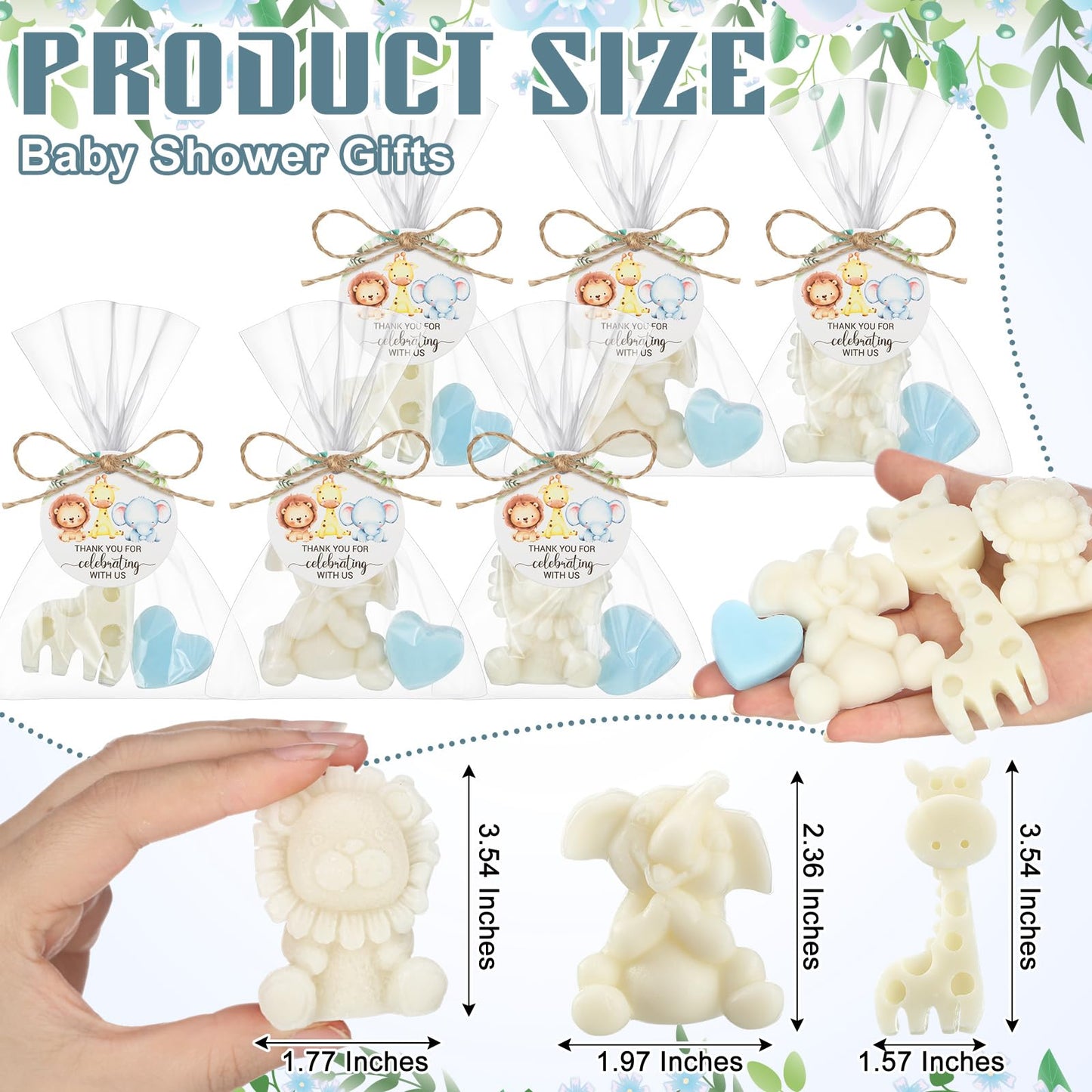 Demissle 20 Sets Safari Animal Baby Shower Soaps Favors for Guests Jungle Greeting Card Bath Gift for Birthday (Blue)