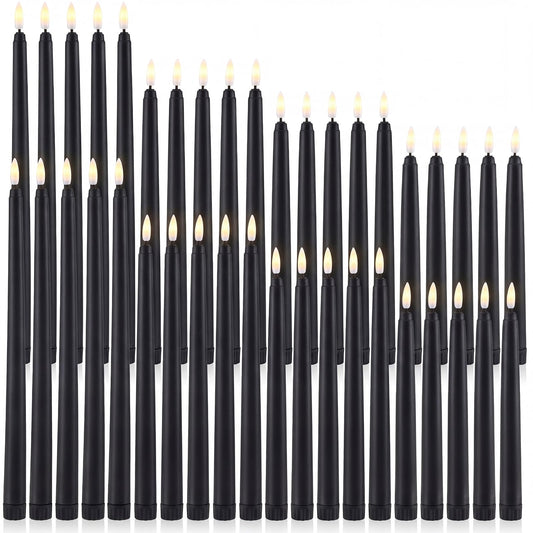 Baquler 40 Pcs Flameless Taper Candles LED Flickering Taper Candlesticks Bulk Battery Operated Flameless Candle for Wedding Halloween Christmas Birthday Decoration, 8.5/9.7/10.8/12.8 Inch (Black)