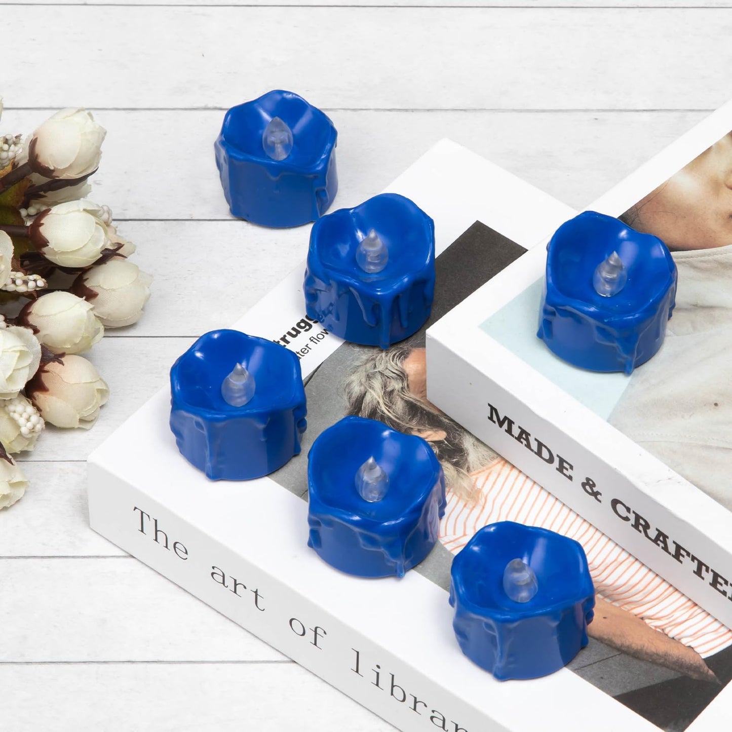 Windshell Blue Flickering Flame Tealight Candles with 6H Timer (No Remote), Battery Operated LED Flameless Tea Lights with Melting Design, for Halloween Christmas Wedding Party, 12 Pack