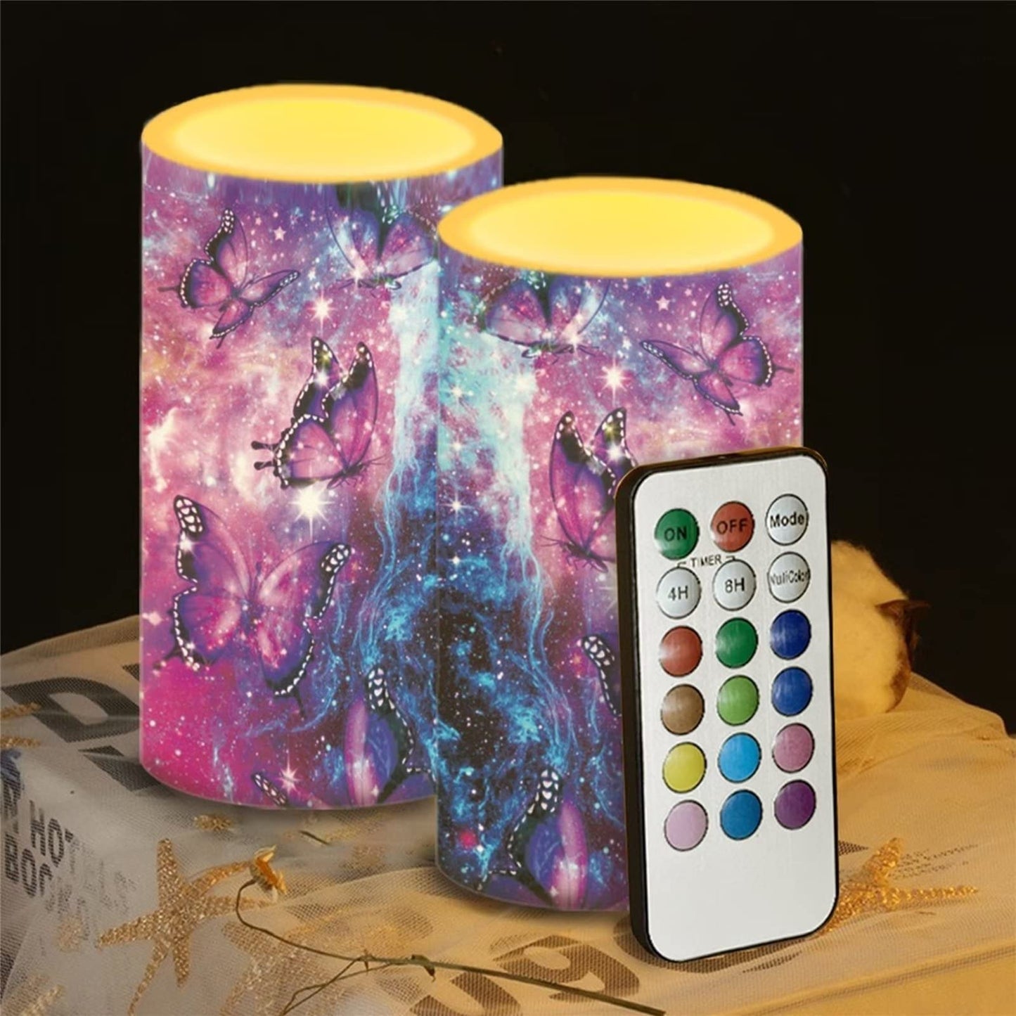 Cozeyat Puple Butterflies Design LED Candles 2 Pieces,Flameless Votive Tealights,Long Lasting Electric Candles 4/8H Timer,Flickering Tea Lights Battetry Operated for Home Parties Wedding