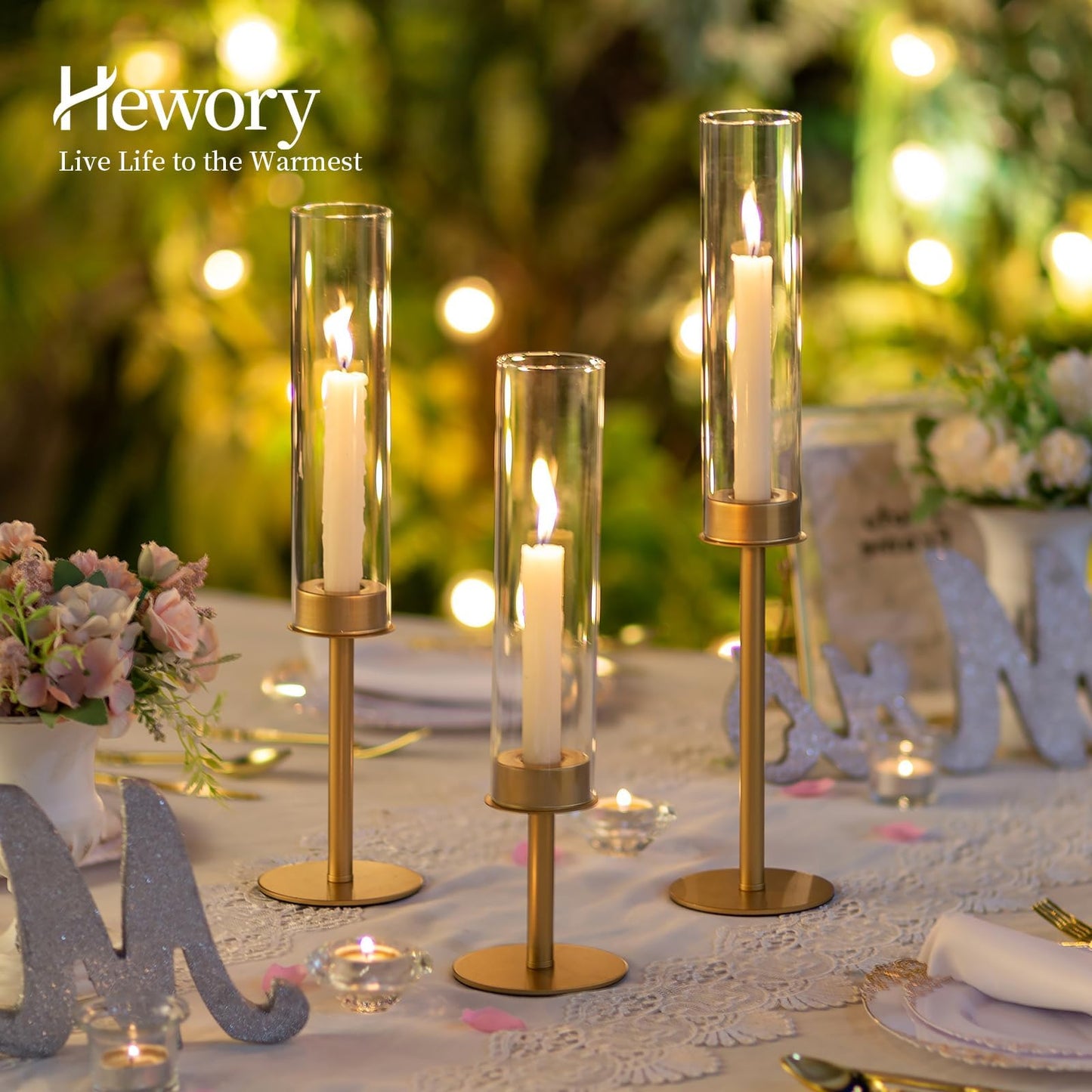 Hewory Gold Candle Holders - 6Pcs Brass Hurricane Candlestick Holders with Glass Candle Cover for Wedding Table Centerpiece Christmas Decor