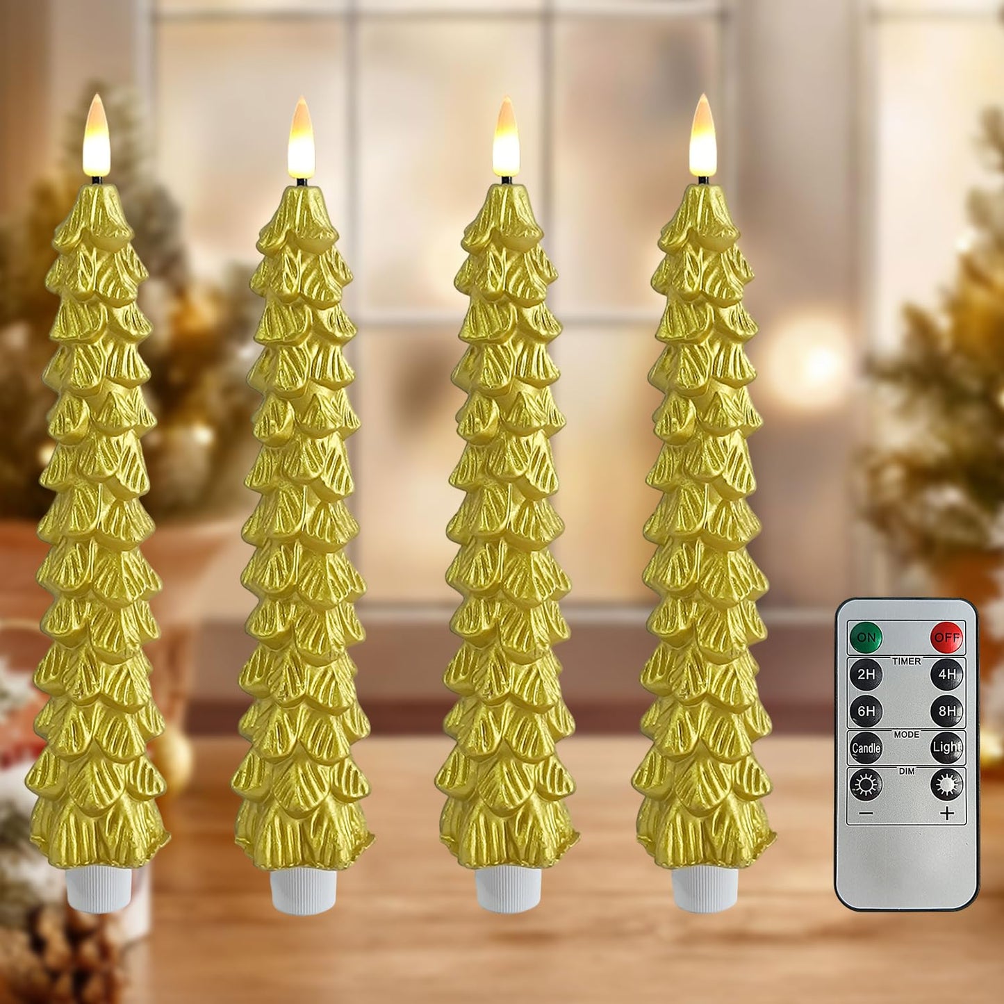 FCMSHAMD Gold Christmas Trees Flickering Flameless Candles with Remote and Timer, Real Wax 3D Flame Wick LED Candles, 9.8 Inch Battery Operated Candles for Christmas Home Decoration，4PCS