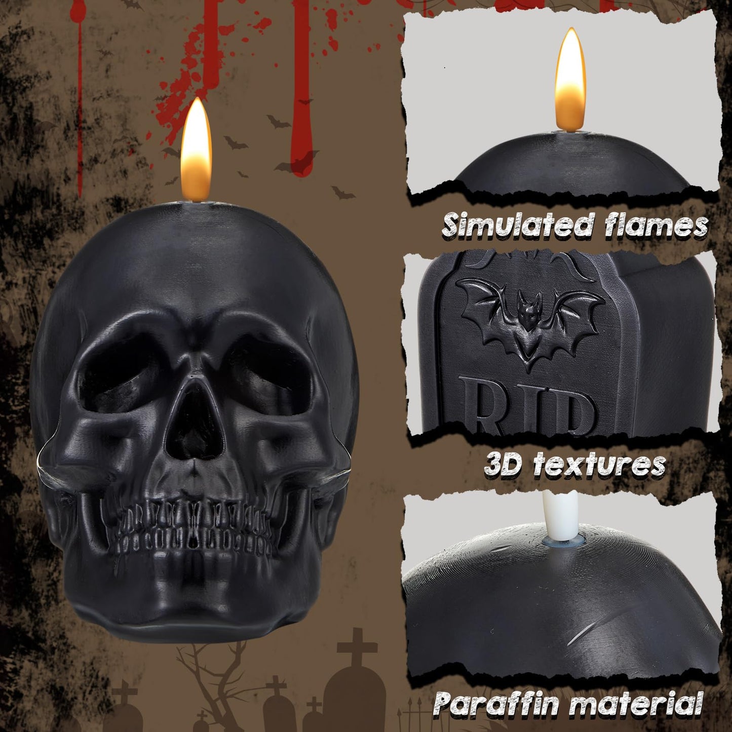 Baquler 4 Pack Black Wax Flameless LED Candles, Halloween Tombstone RIP Skull Dripping Pillar Candles Battery Operated Gothic Real Wax Candlestick for Halloween Party Home Decor