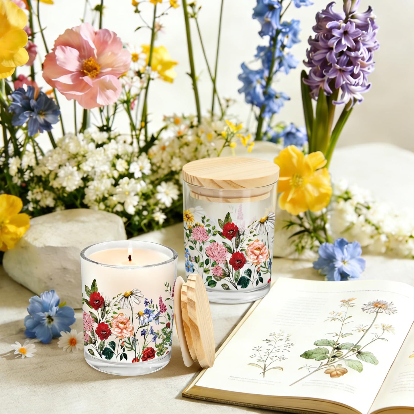 Whaline 12Pcs Wildflower Empty Candle Jar with Wooden Lid 7 oz Spring Floral Glass Candle Container for Candles Making Storing Kitchen Table Centerpiece Decoration