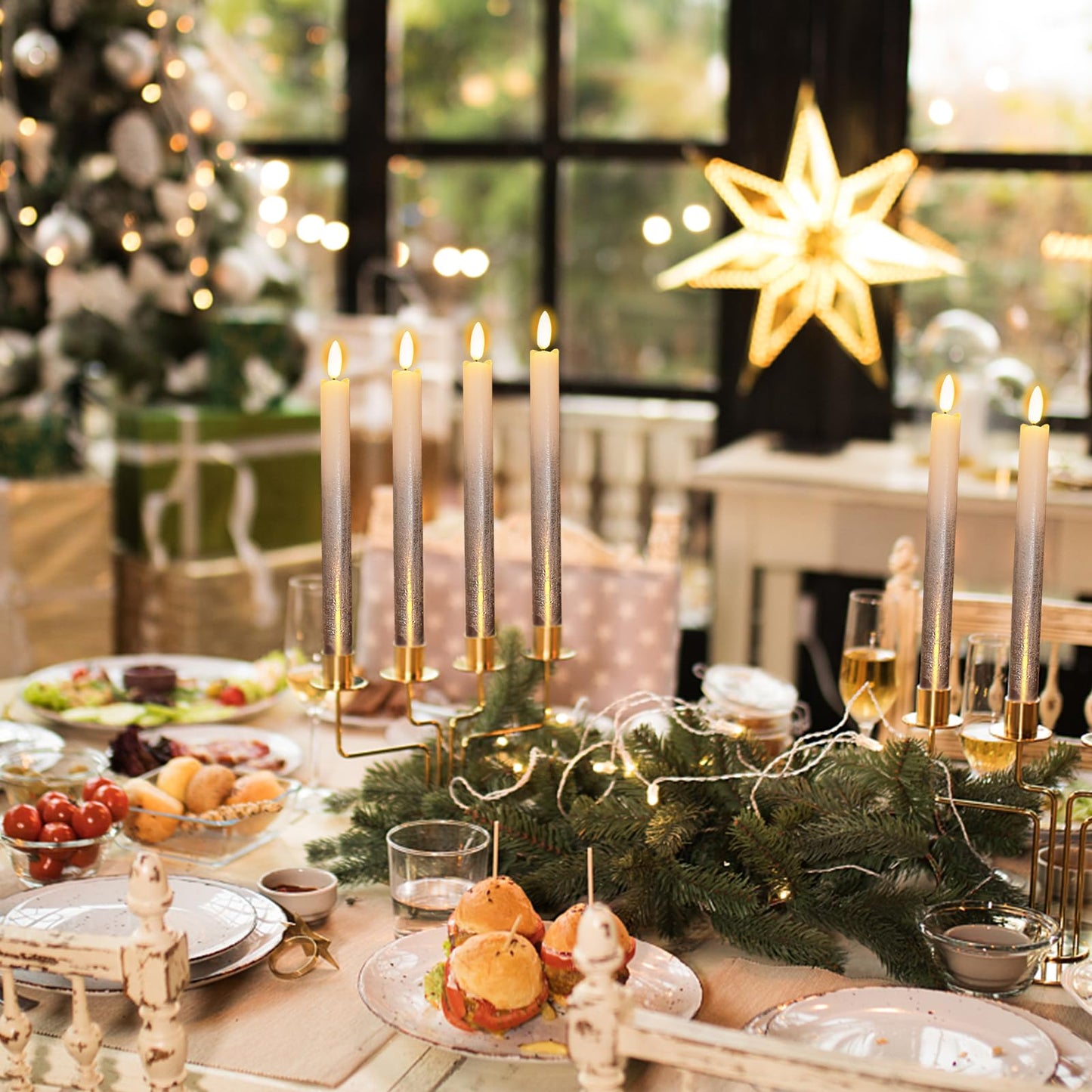 Wondise Flameless Taper Candles with Remote & Timer, 9 Inch Real Wax Silver Battery Operated LED Flickering Candles for Christmas Thanksgiving Decorations